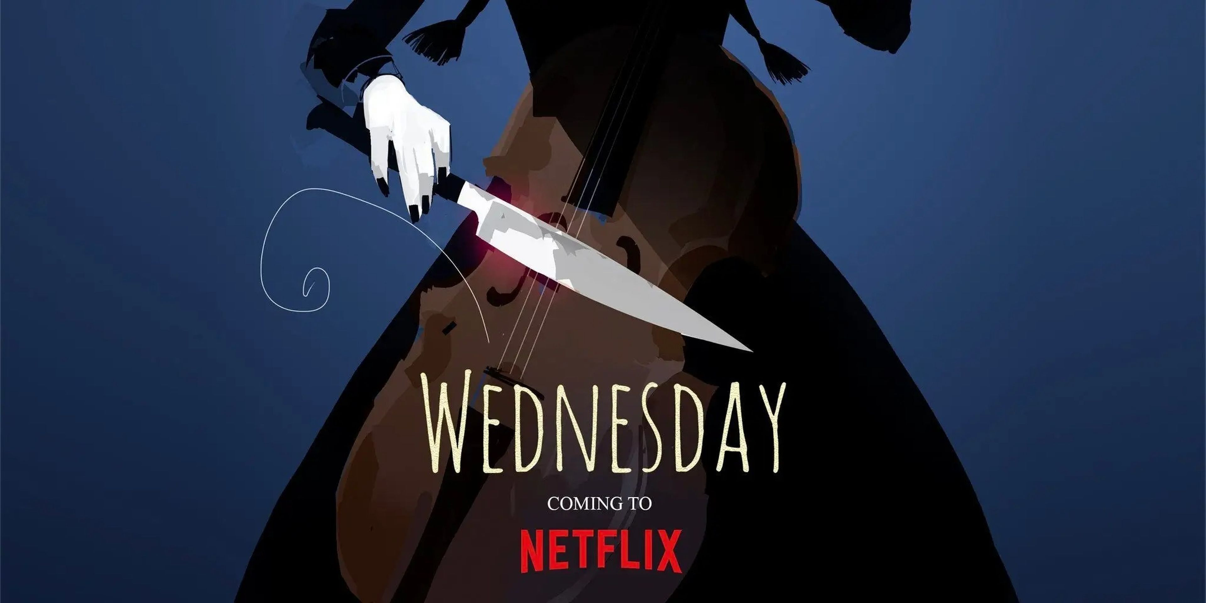 The key art for "Wednesday" — a poster showing the silhouette of a girl with pigtails playing a musical instrument.