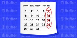 A monthly calendar with all of the Friday dates crossed out, with the Buffer logo scattered on a blue background.