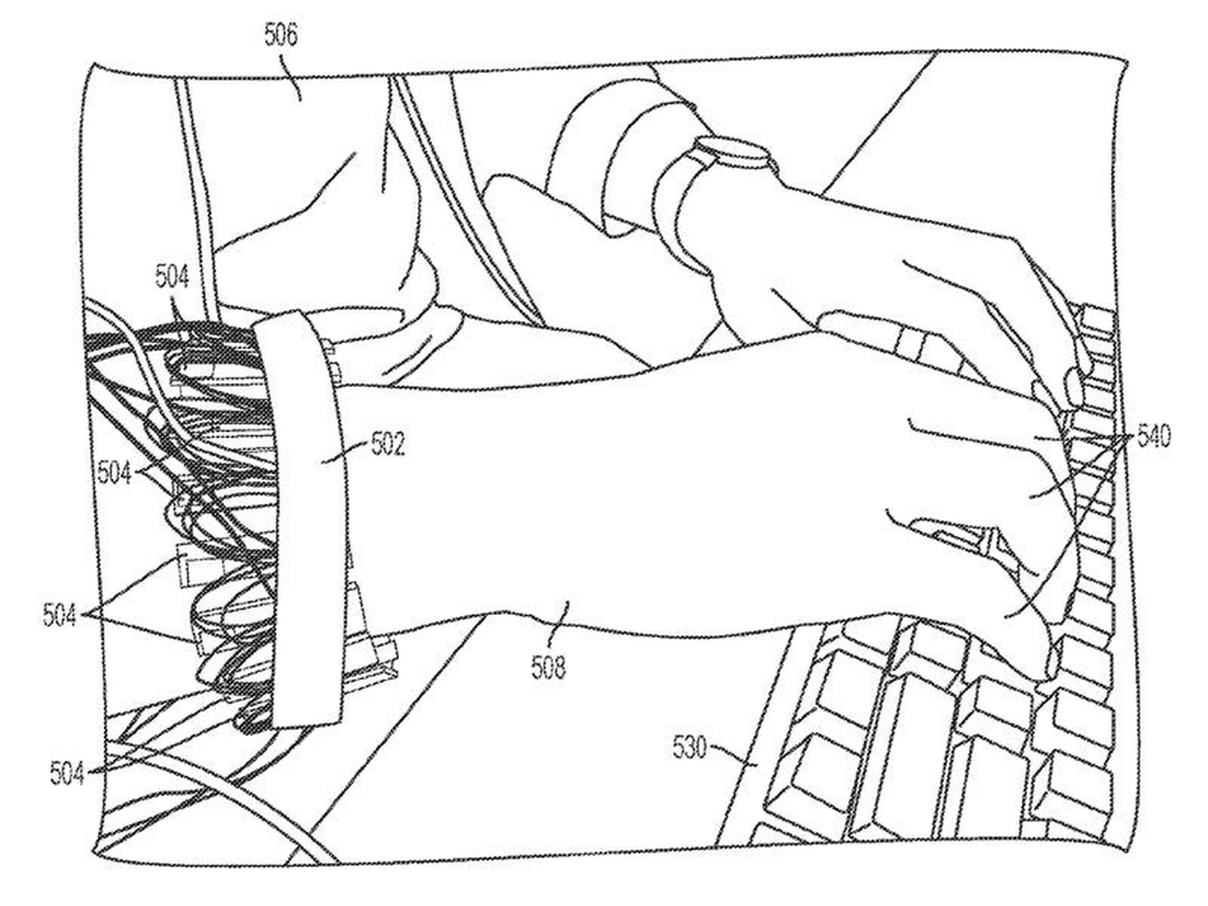 Una imagen de la patente del sensor "músculo-esquelético" de Facebook, en la que un rastreador predictivo se lleva alrededor de la muñeca.
