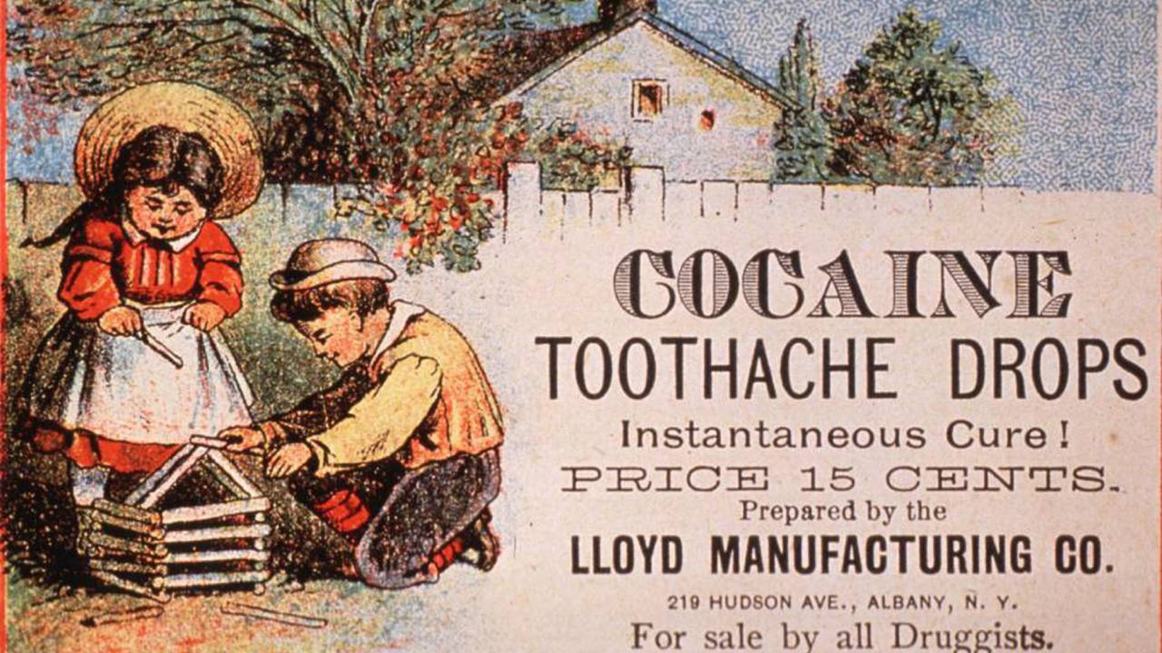 Anuncio que promocionaba un remedio hecho con cocaína para aliviar el dolor de muelas en los niños.