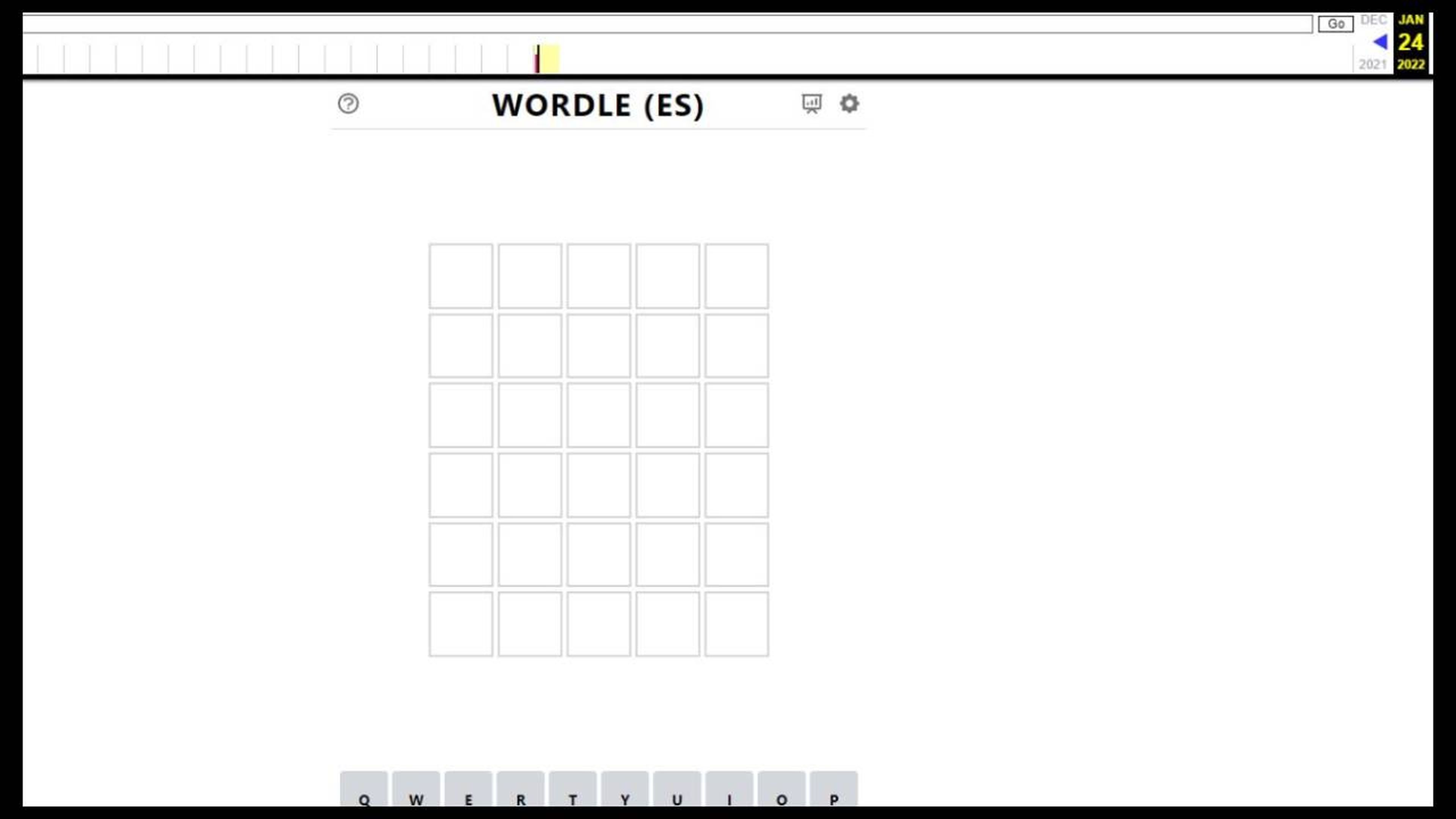 En este ejemplo, se ha usado 'Wayback Machine' para jugar al 'Wordle' en español del 24 de enero. Pero, por ejemplo, no se pudo poner el juego en modo oscuro porque la configuración no está disponible.