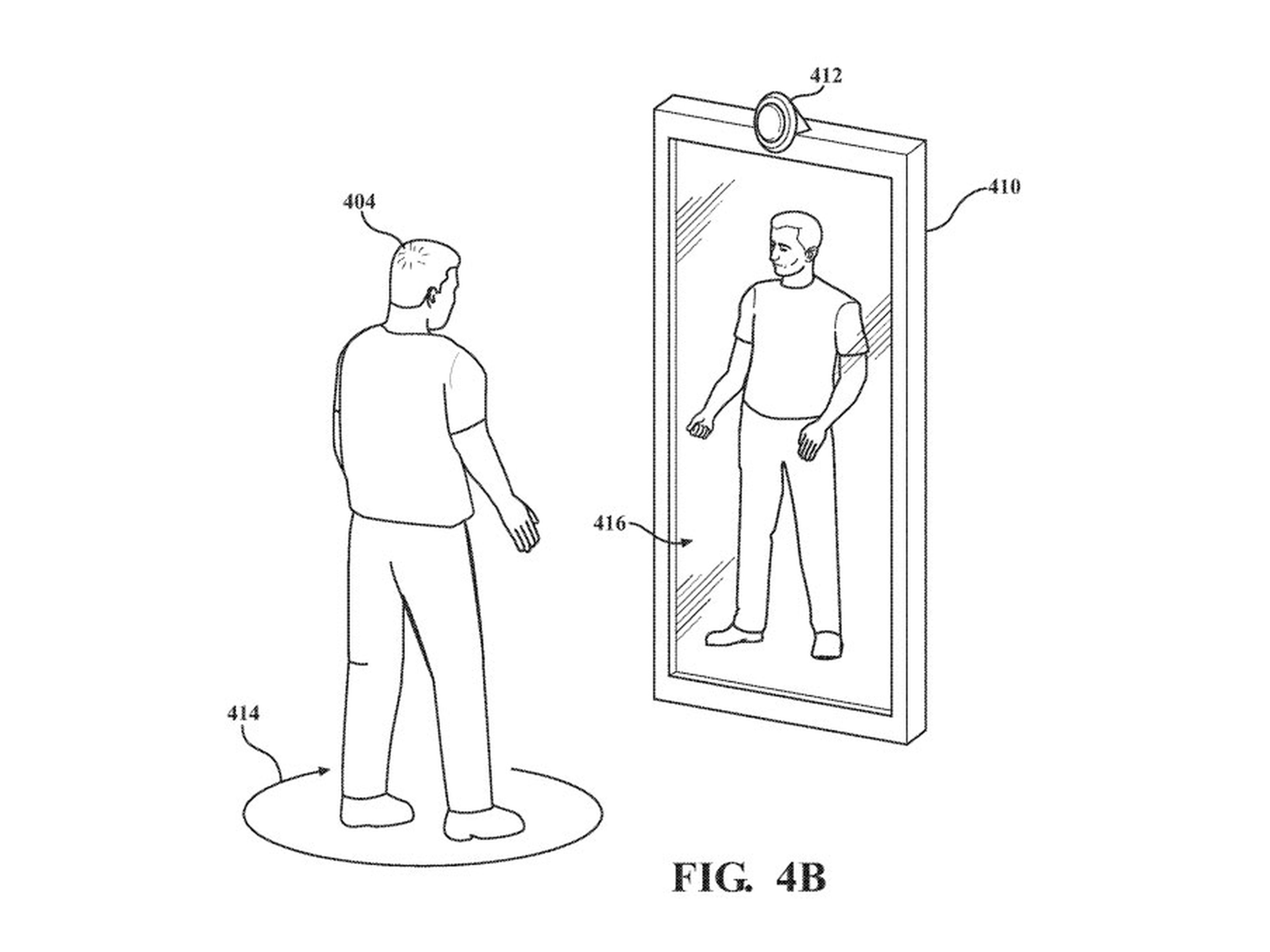 Un dibujo de la presentación de la patente de Shopify muestra cómo un consumidor puede utilizar un espejo inteligente para obtener medidas corporales precisas.