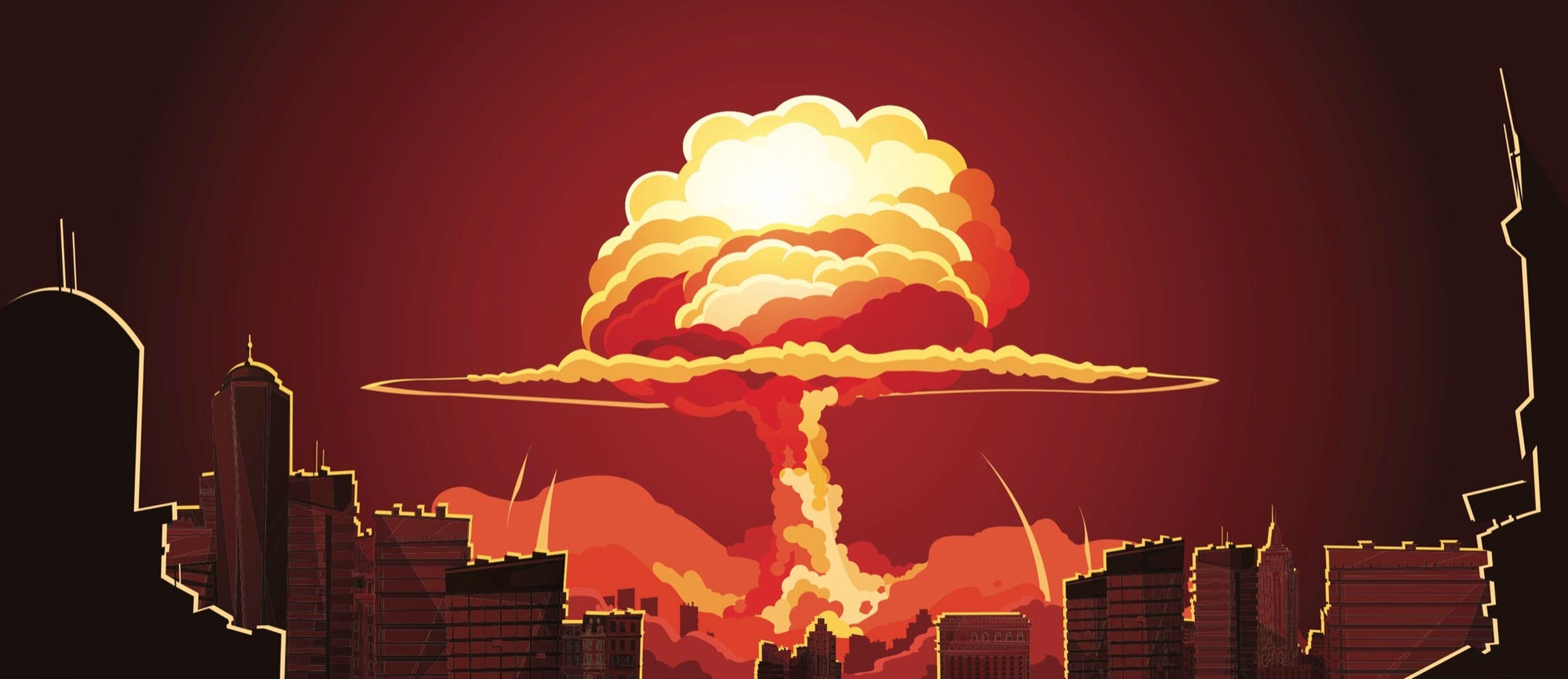 Una ilustración de una explosión nuclear en una ciudad.