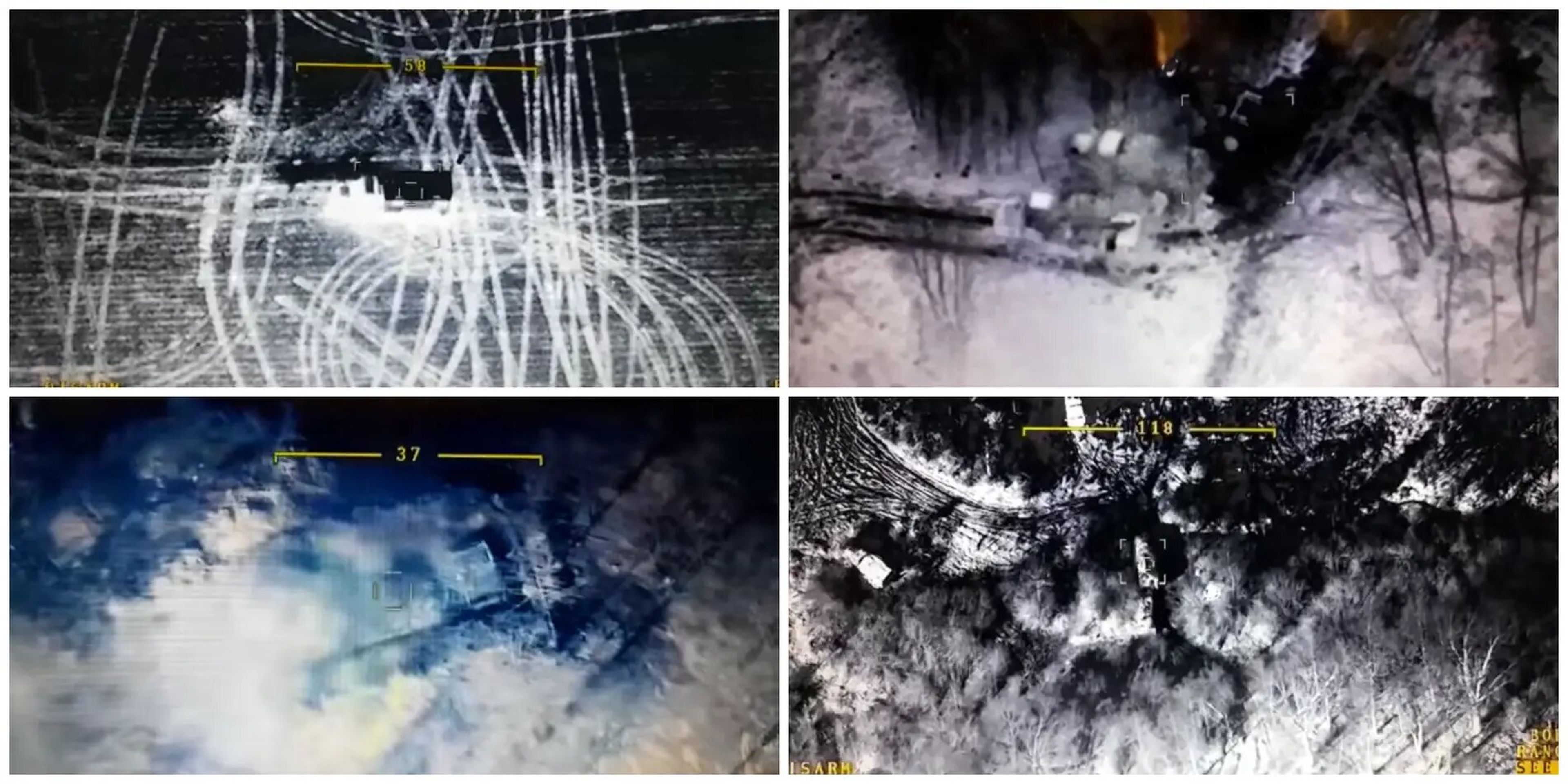 Un 'collage' de cuatro capturas de pantalla de lo que las fuerzas ucranianas dicen que es el visor de los drones Bayraktar TB2 que apuntan a activos controlados por Rusia.