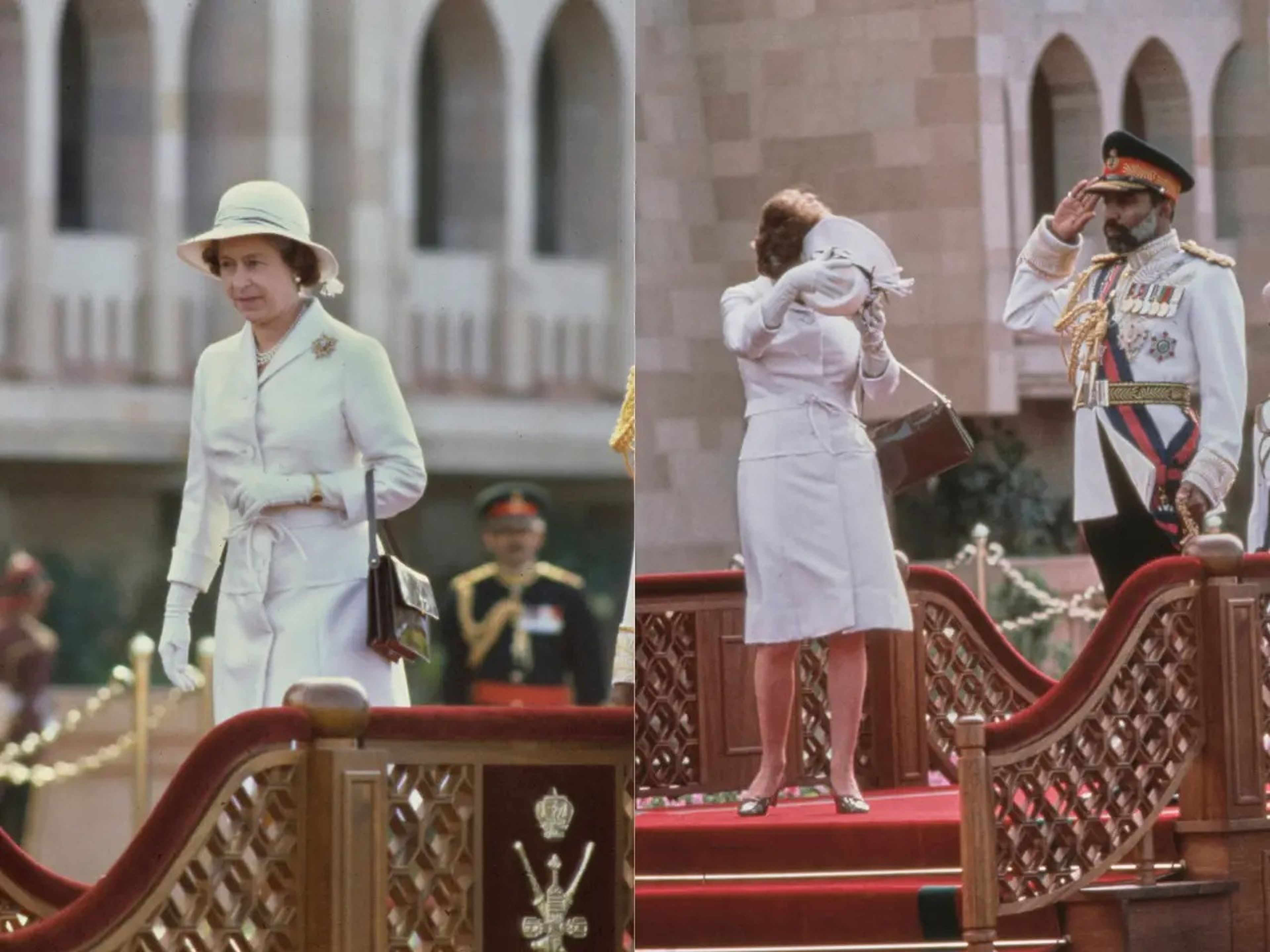 Una ráfaga de viento durante una gira en Omán dejó a la Reina sin sombrero.