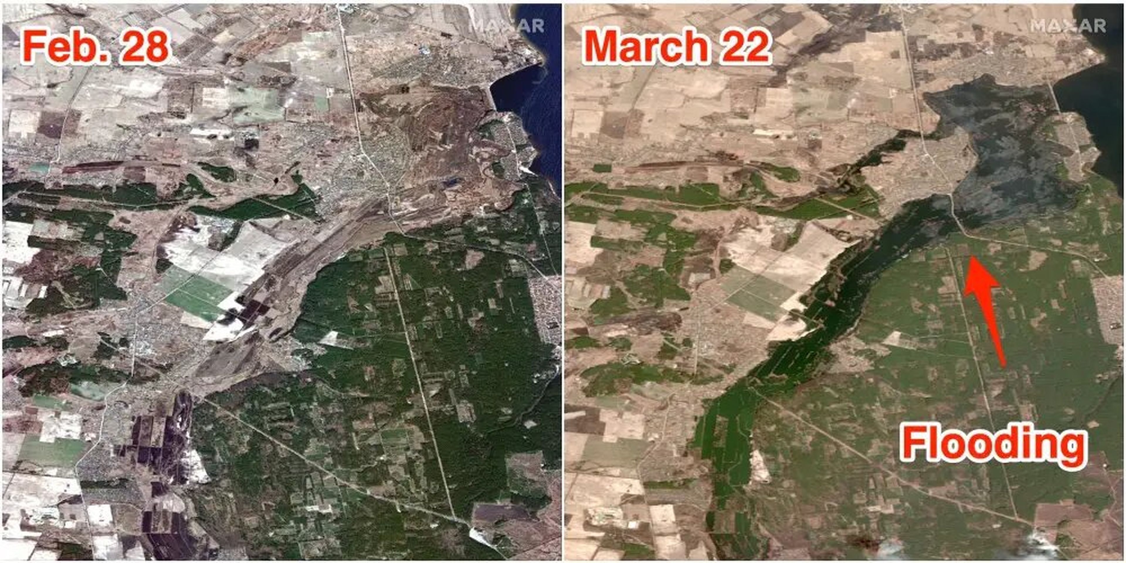 Imágenes de satélite comentadas que muestran la cuenca del río Irpin el 28 de febrero y el 22 de marzo.