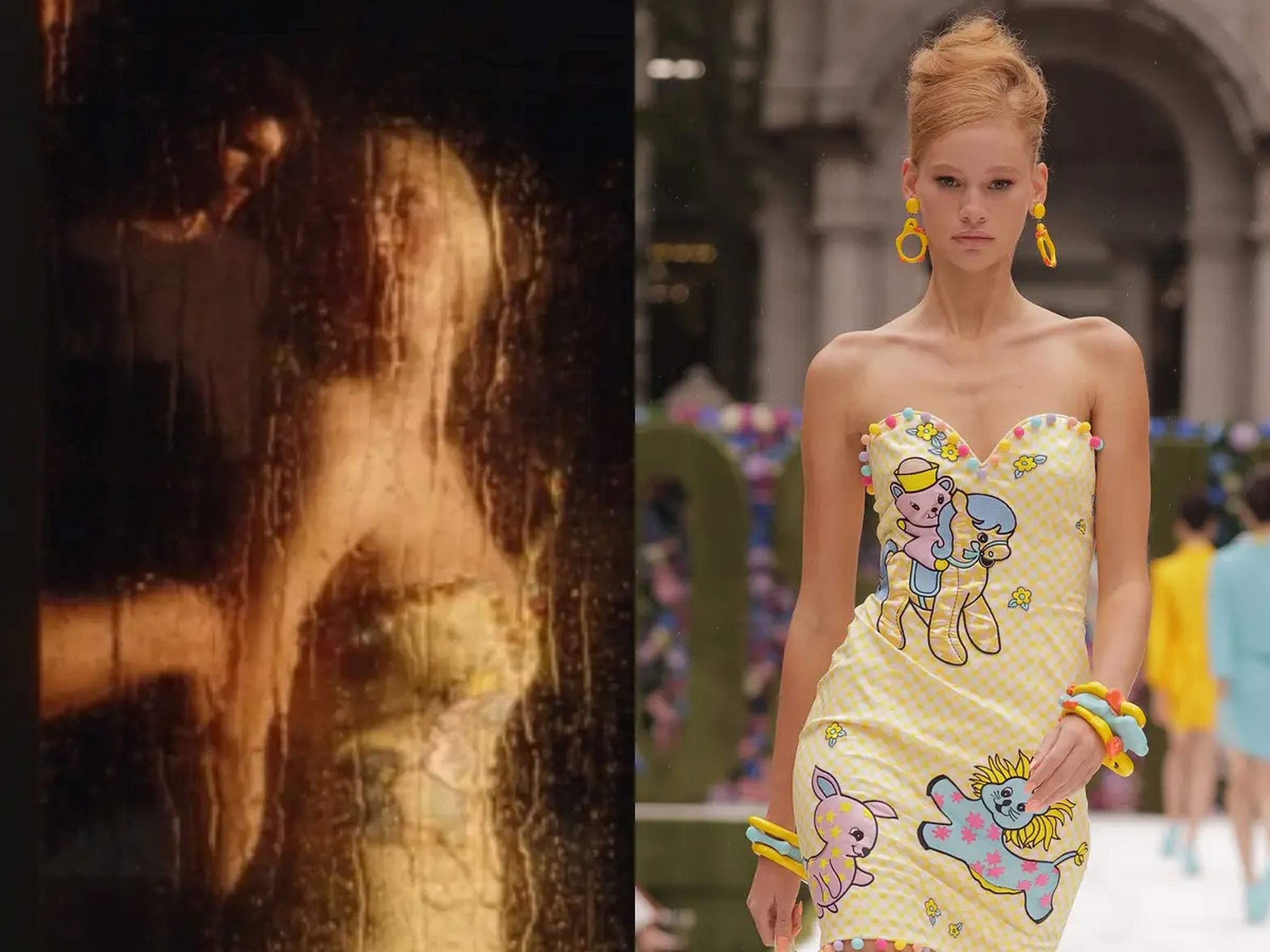 A la izquierda: Nate viste a Cassie en la segunda temporada de 'Euphoria'. A la derecha: una modelo caminando por la pasarela en el desfile de la colección de primavera de Moschino.