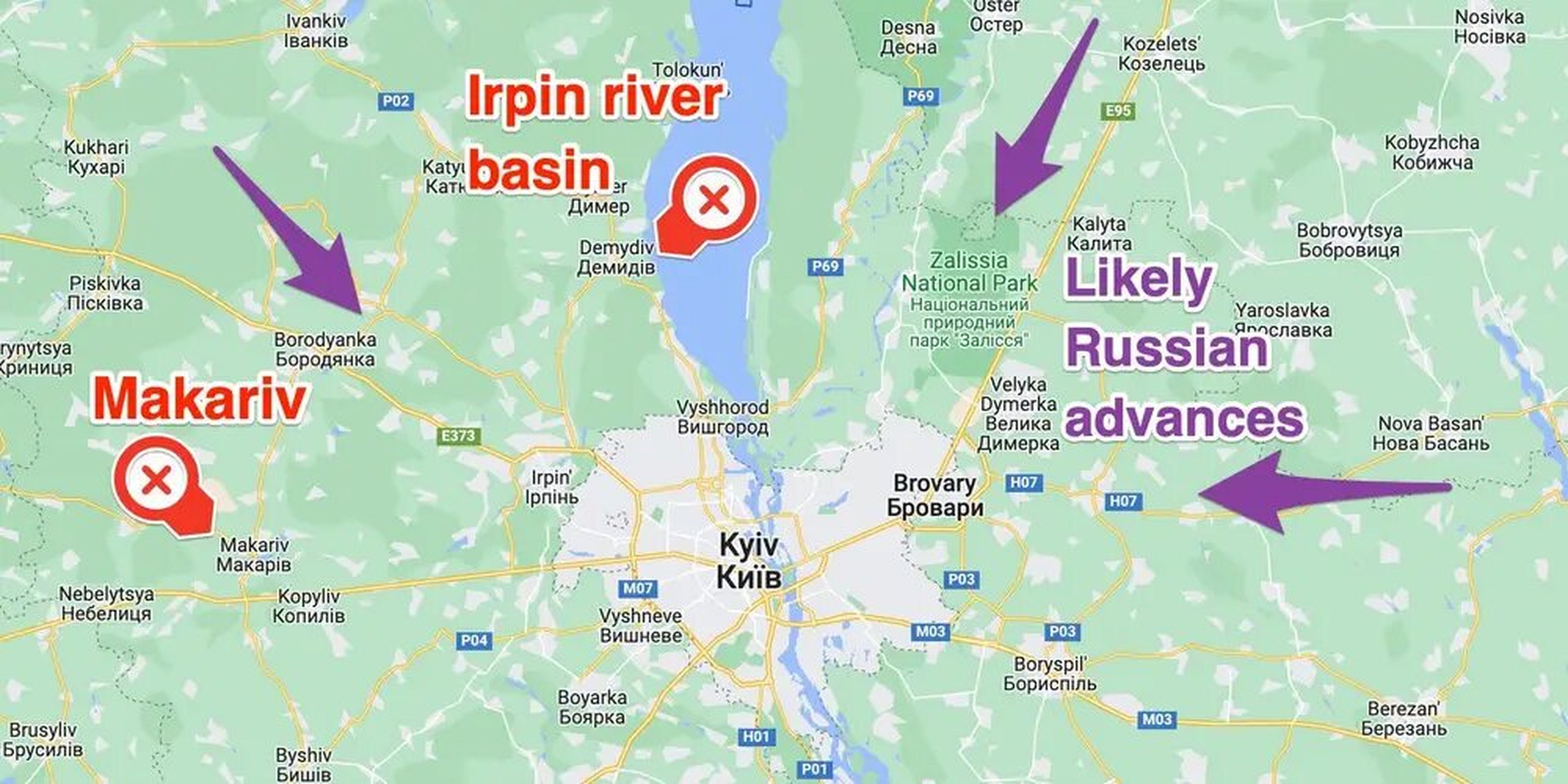 Un mapa de la región alrededor de Kiev muestra la cuenca del río Irpin, Makariv, y los probables ejes de los avances de las tropas rusas, según Defensa del Reino Unido.