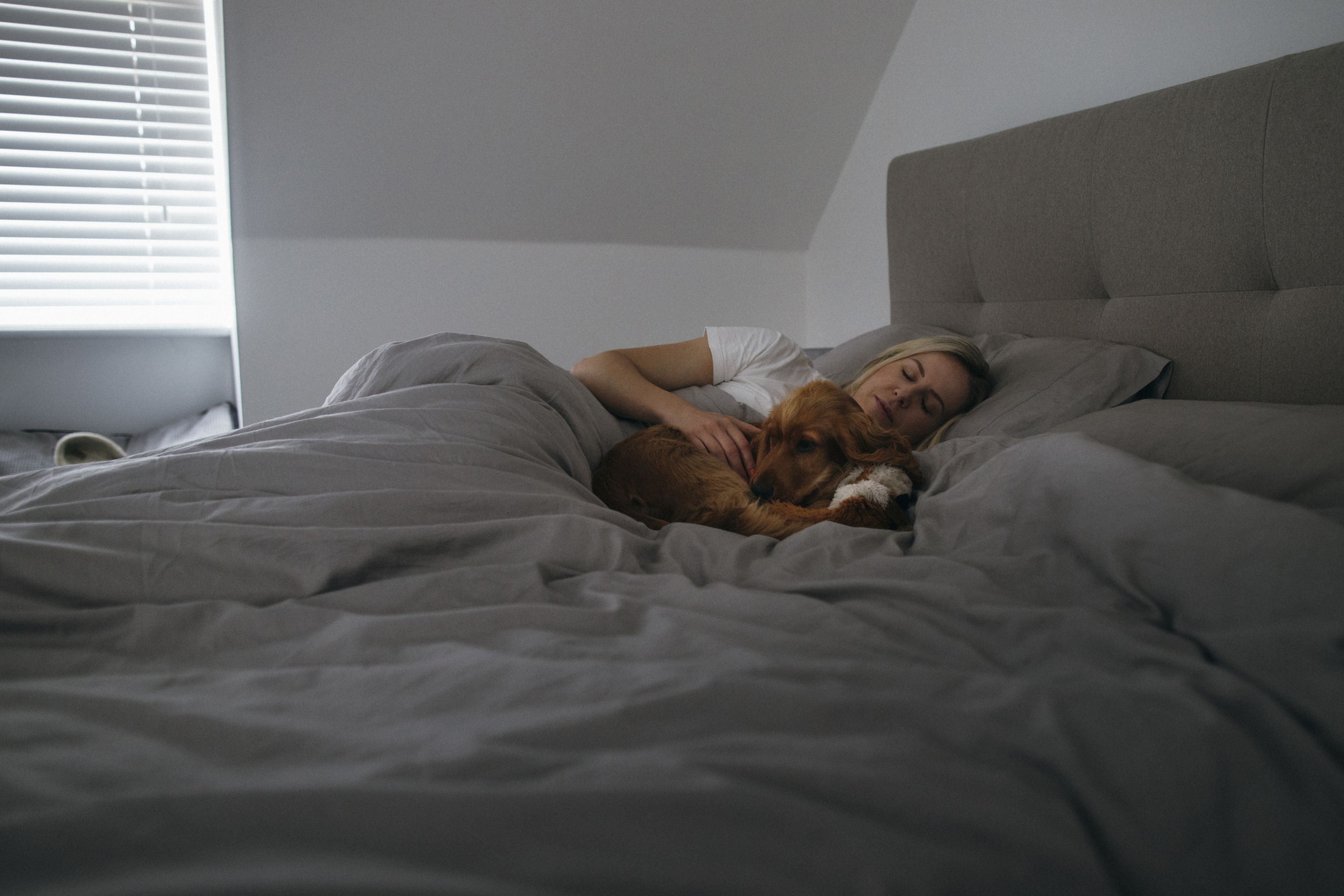 Mujer durmiendo con su perro en la cama.