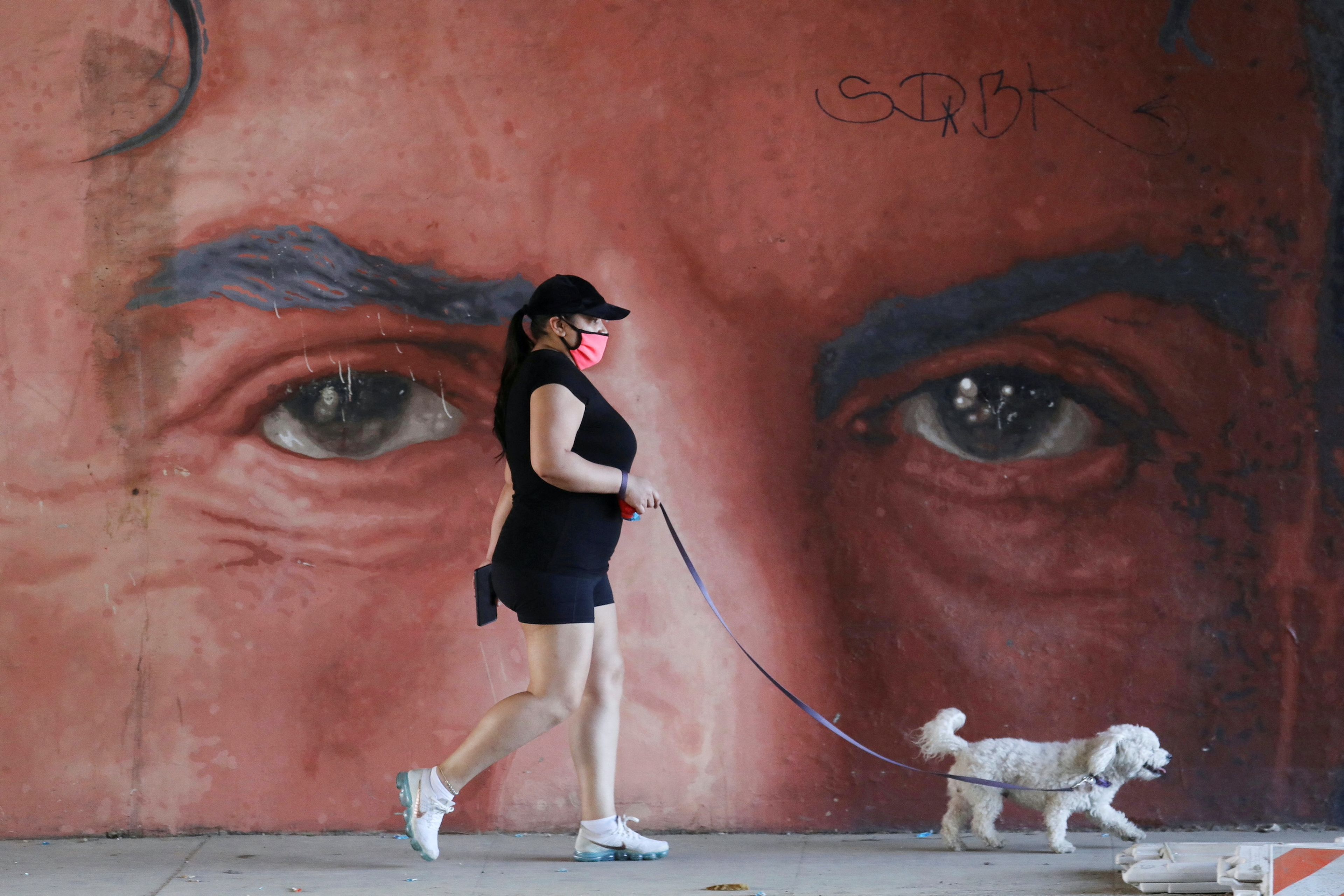 Una mujer pasea un perro por la calle con la mascarilla puesta.