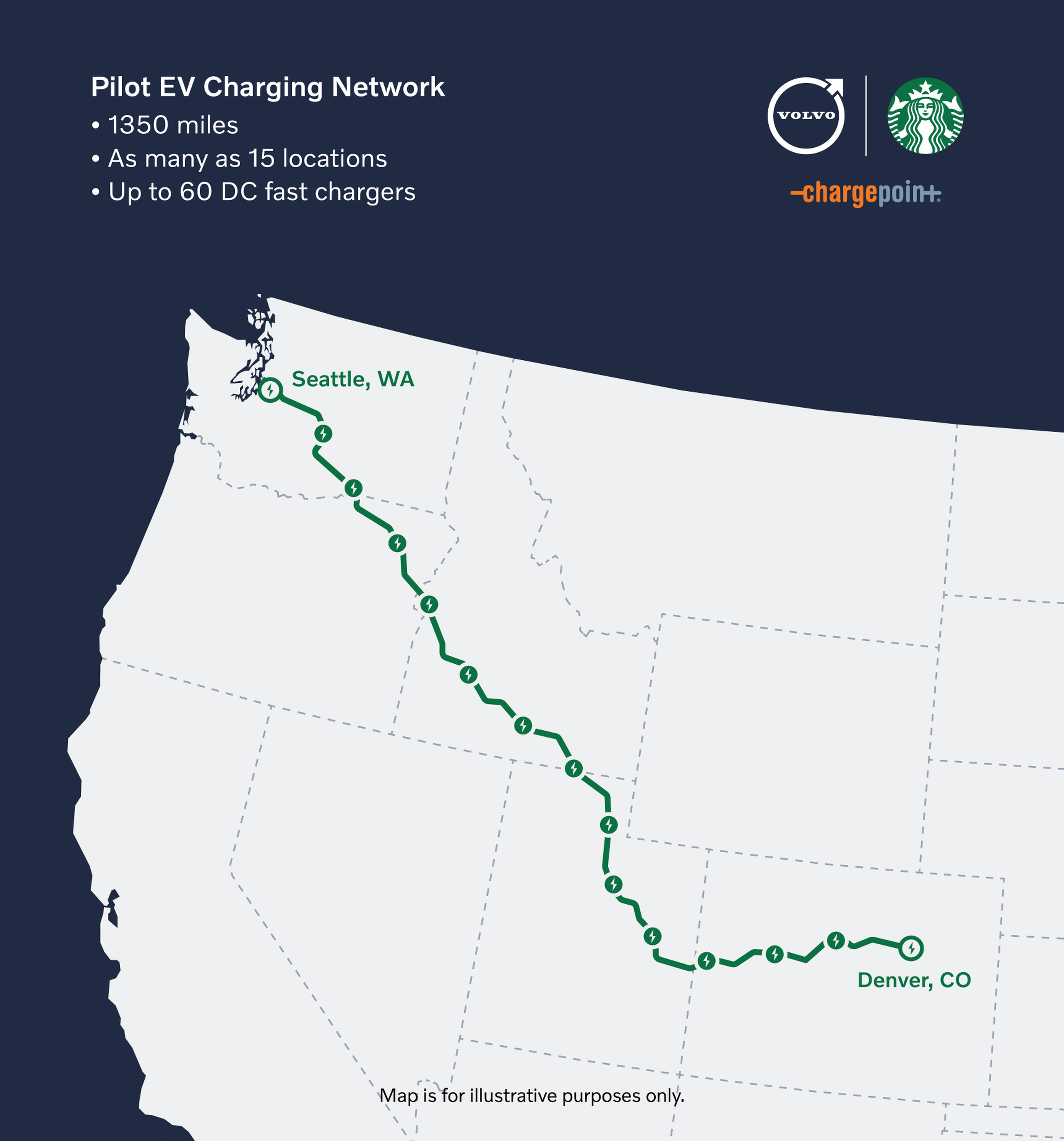 Programa piloto de Starbucks y Volvo: mapa con la ruta de los cargadores de vehículos eléctricos en EEUU.