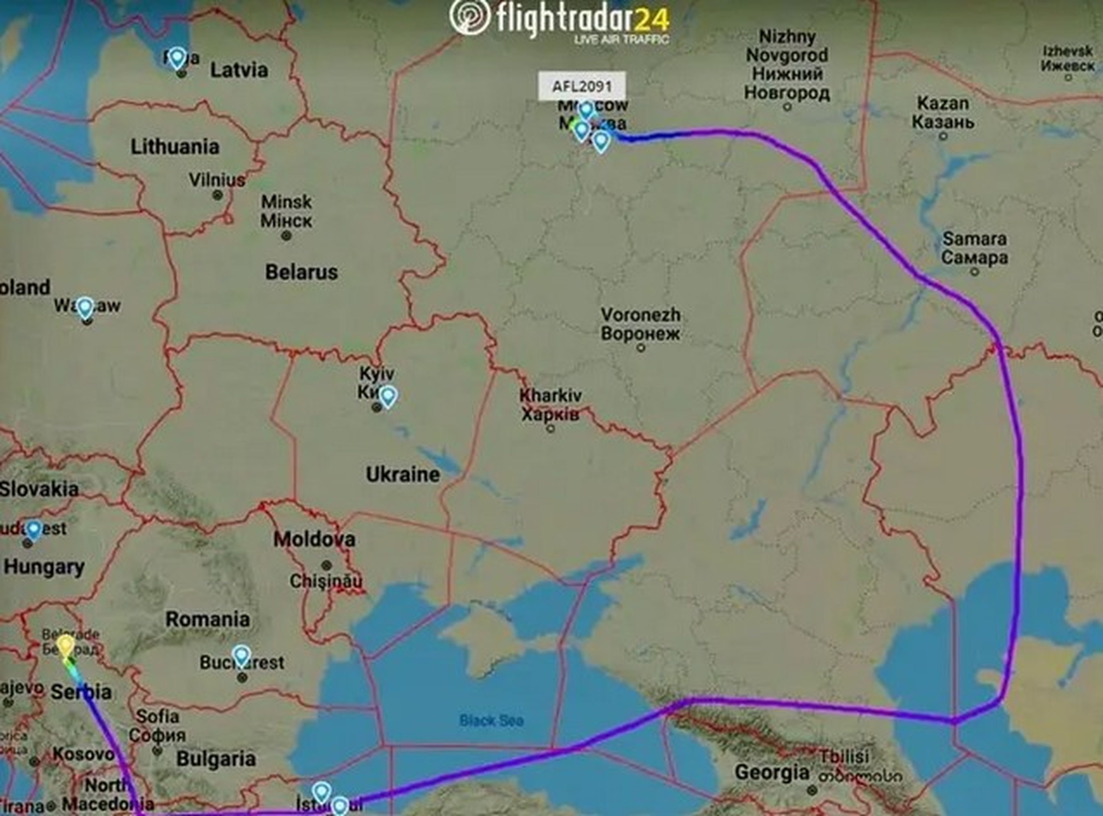 Ruta de Aeroflot desde Belgrado (Serbia) a Moscú (Rusia).