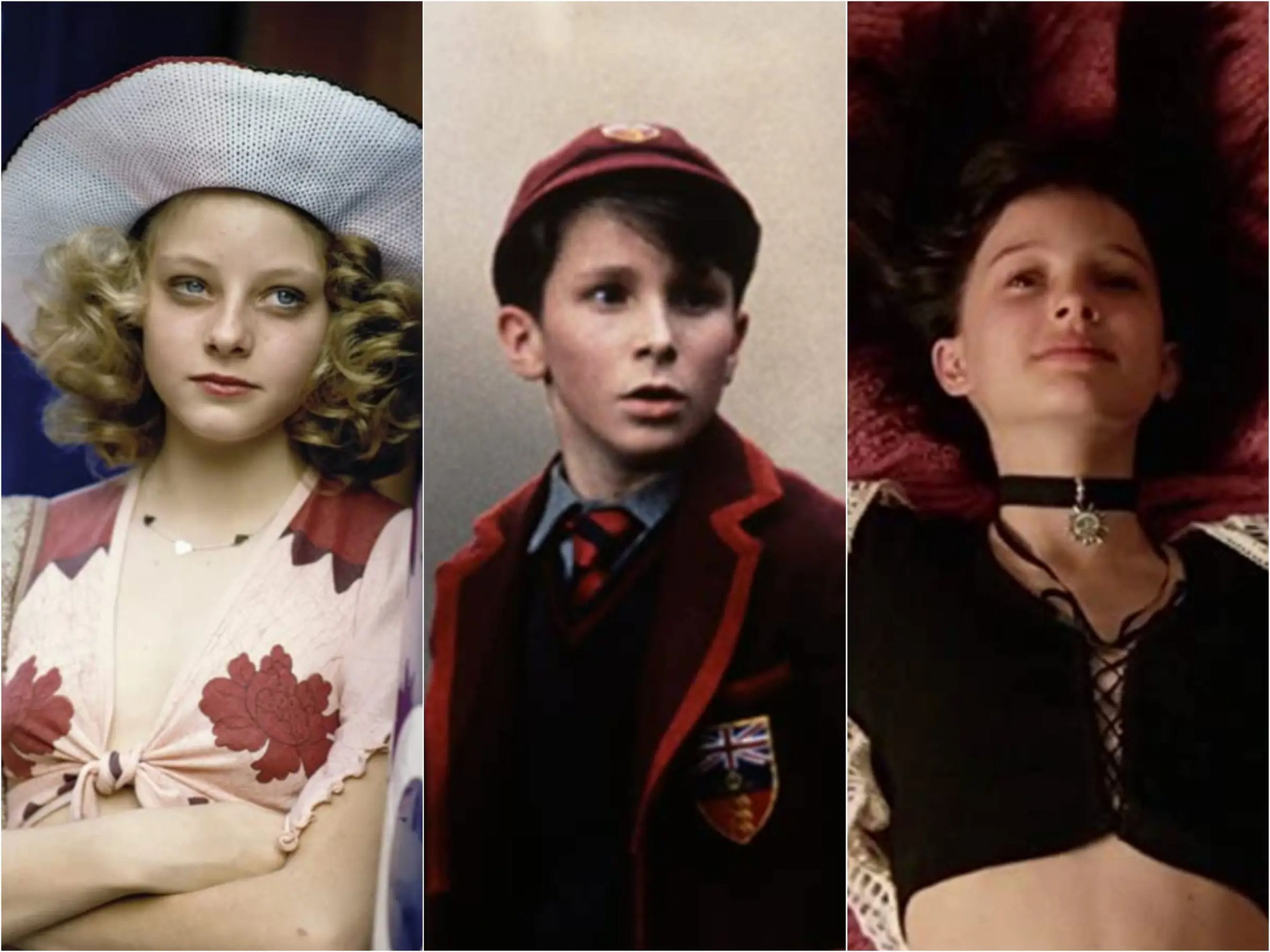 Side by side photos of a young Jodie Foster, Christian Bale, and Natalie Portman.