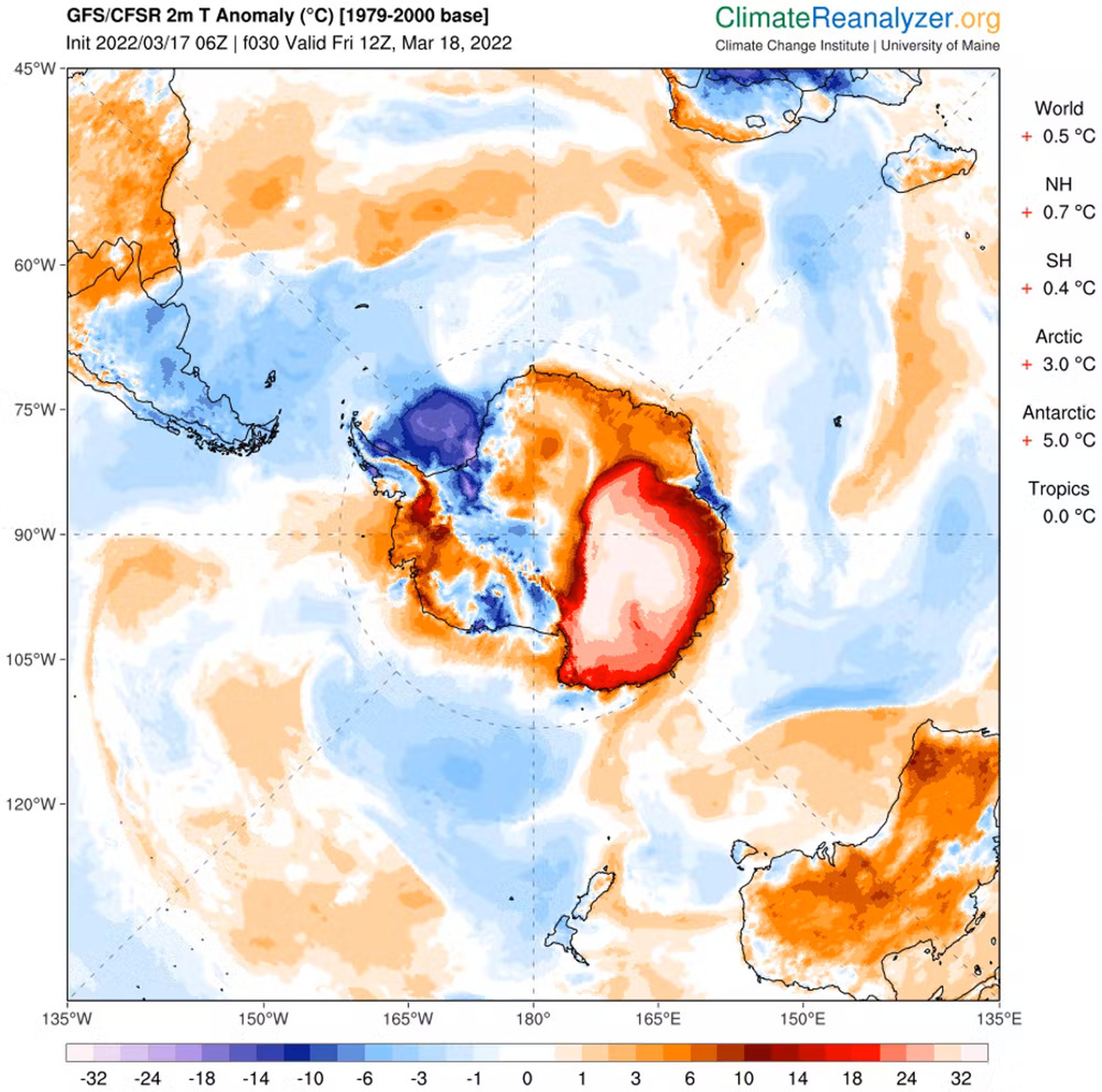 Anomalías en la temperatura del aire en la Antártida a 2 metros sobre el suelo para el 18 de marzo de 2022.