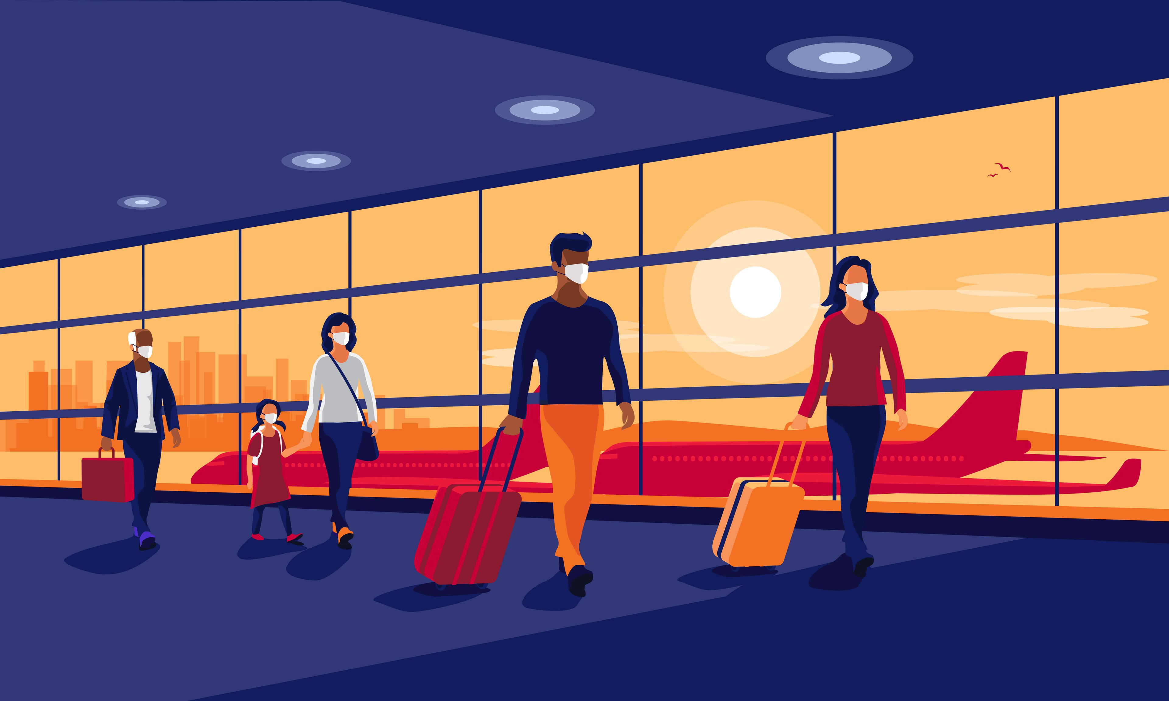 Turistas en aeropuerto ilustracion