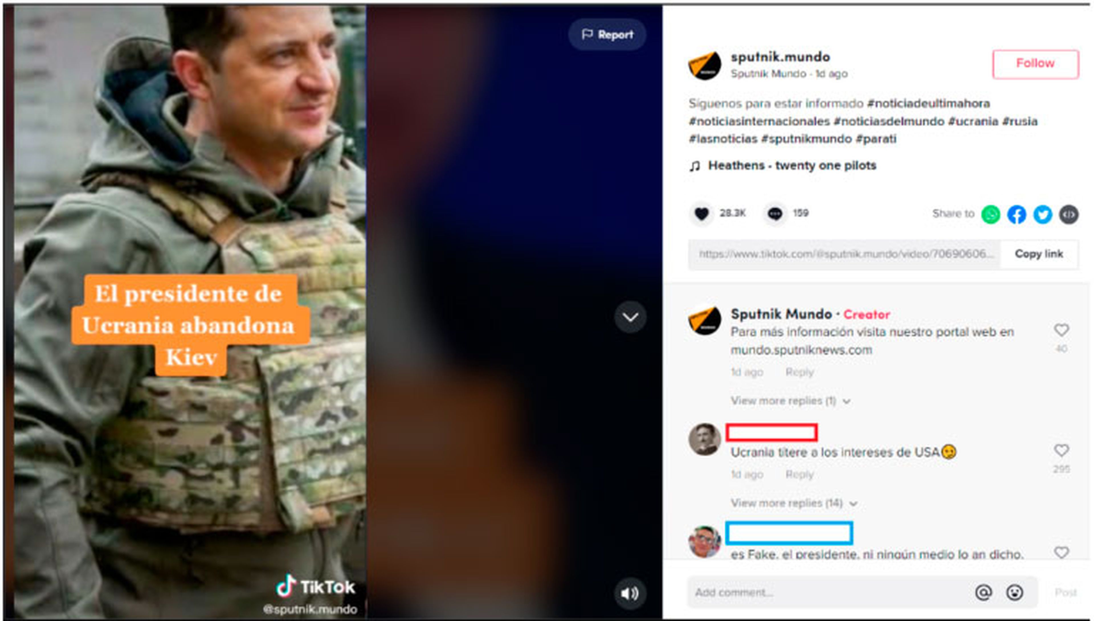 Un post de TikTok del medio ruso Sputnik en el que se afirmaba que el presidente de Ucrania había huido acumuló más de un millón de visitas antes de ser eliminado.