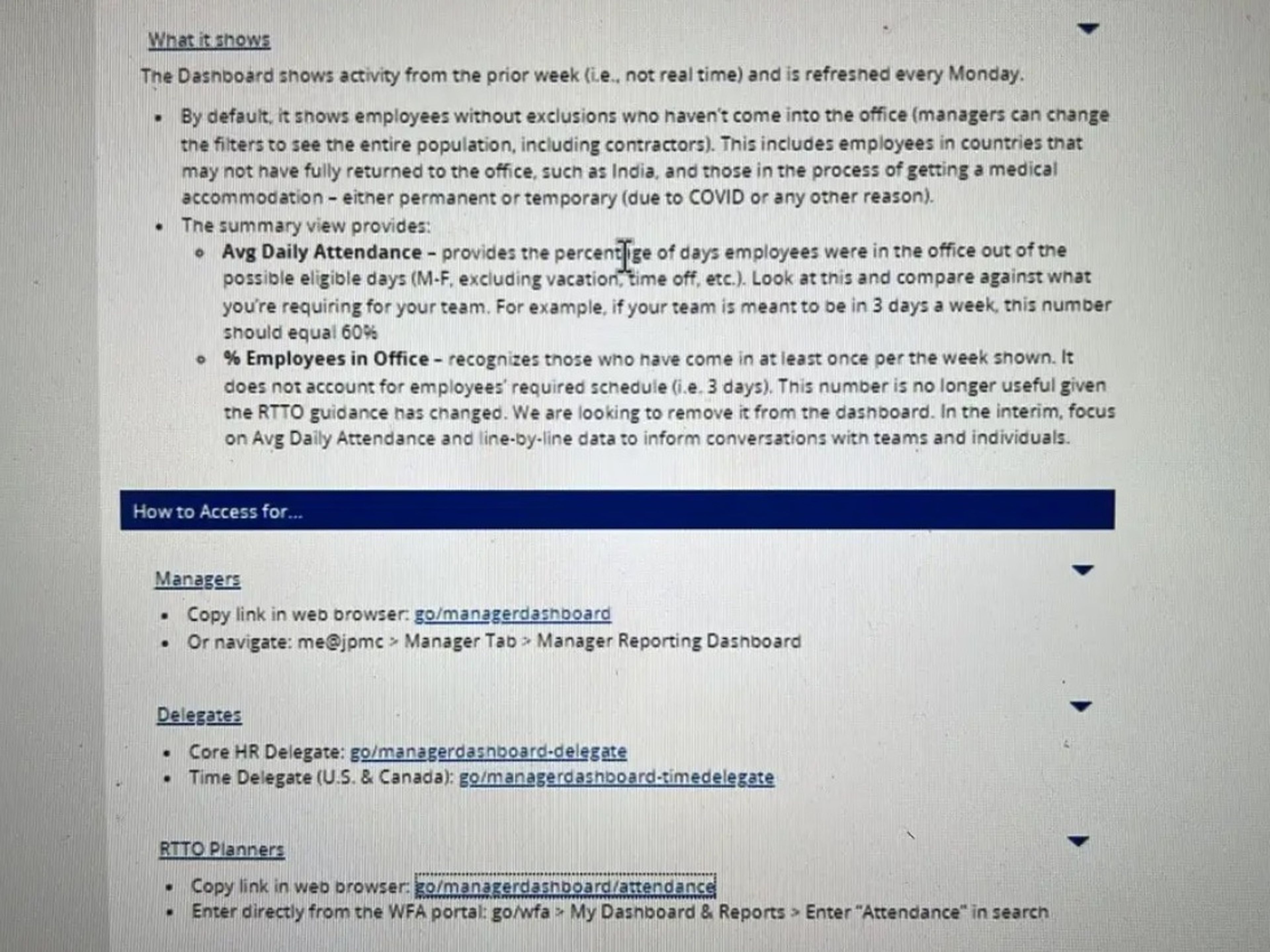 Una captura de pantalla del portal de la intranet de JPMorgan explica el tipo de datos de retorno a la oficina que la empresa está rastreando, y cómo los directivos pueden acceder a ellos.