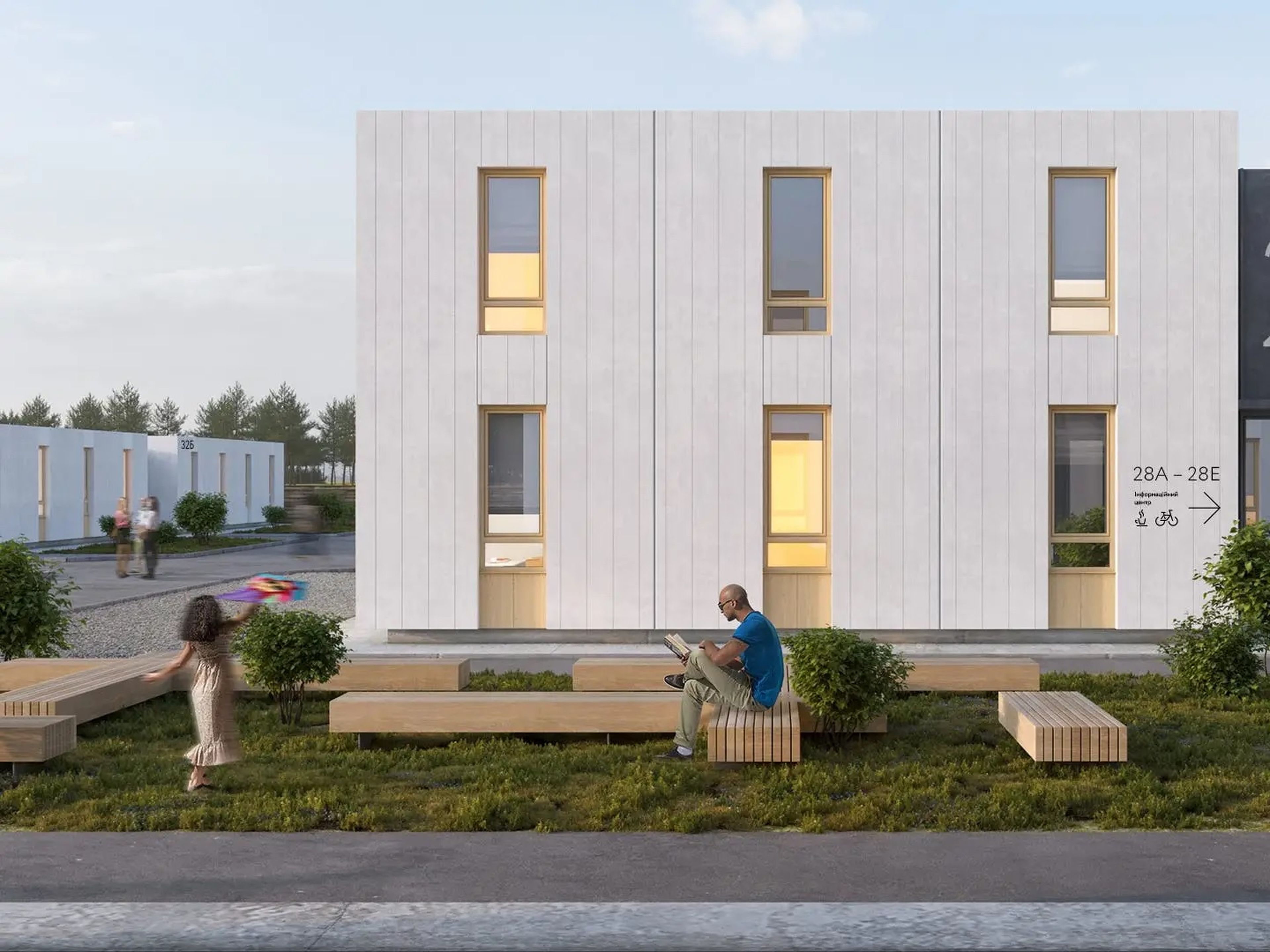 Representación artística de una casa modular, en la que los espacios comunes son una parte integral del barrio para que los residentes se relajen.