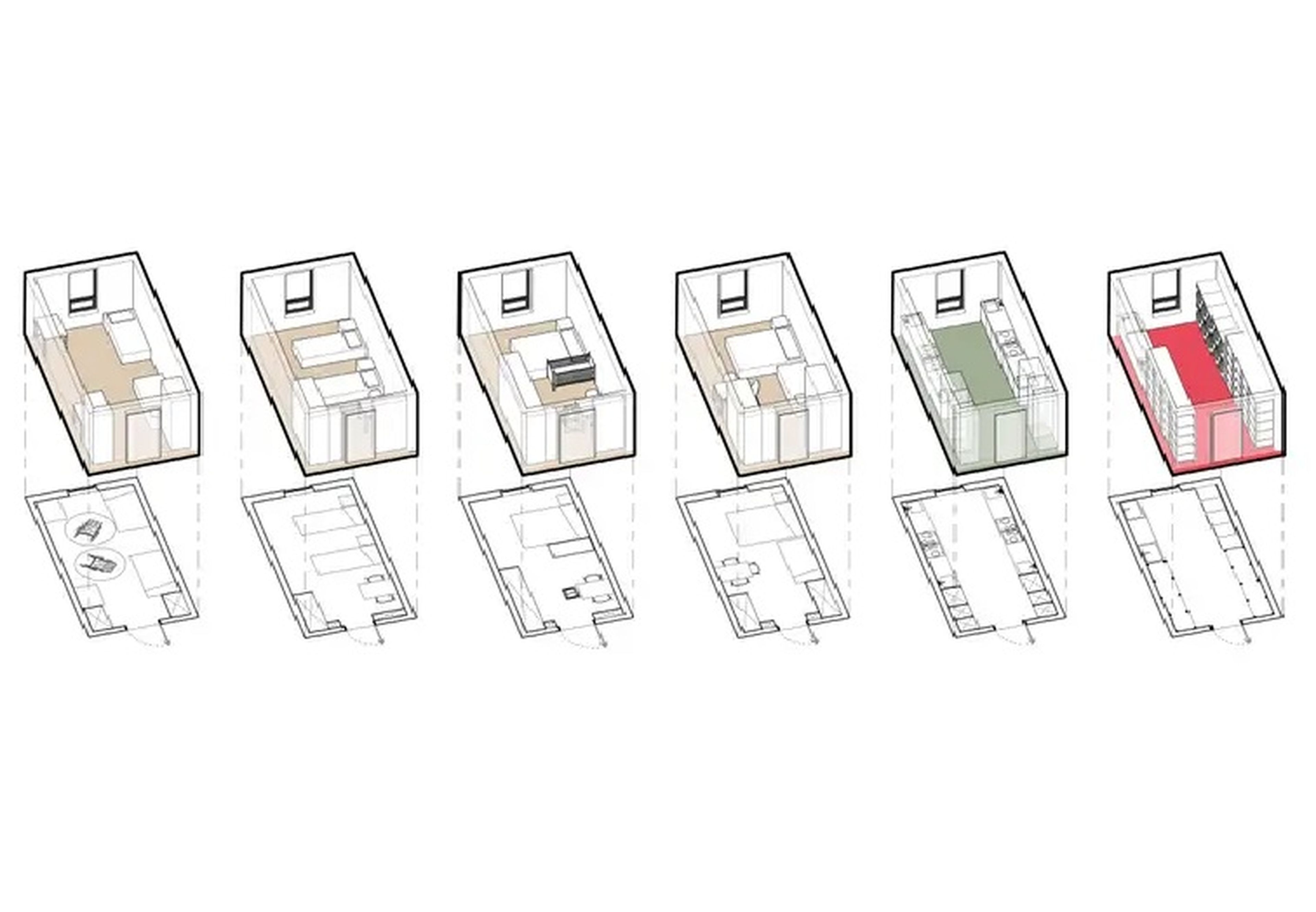 Un plano de las casas modulares: el interior de cada módulo puede modificarse para incorporar comodidades como camas, baños e incluso cocinas.