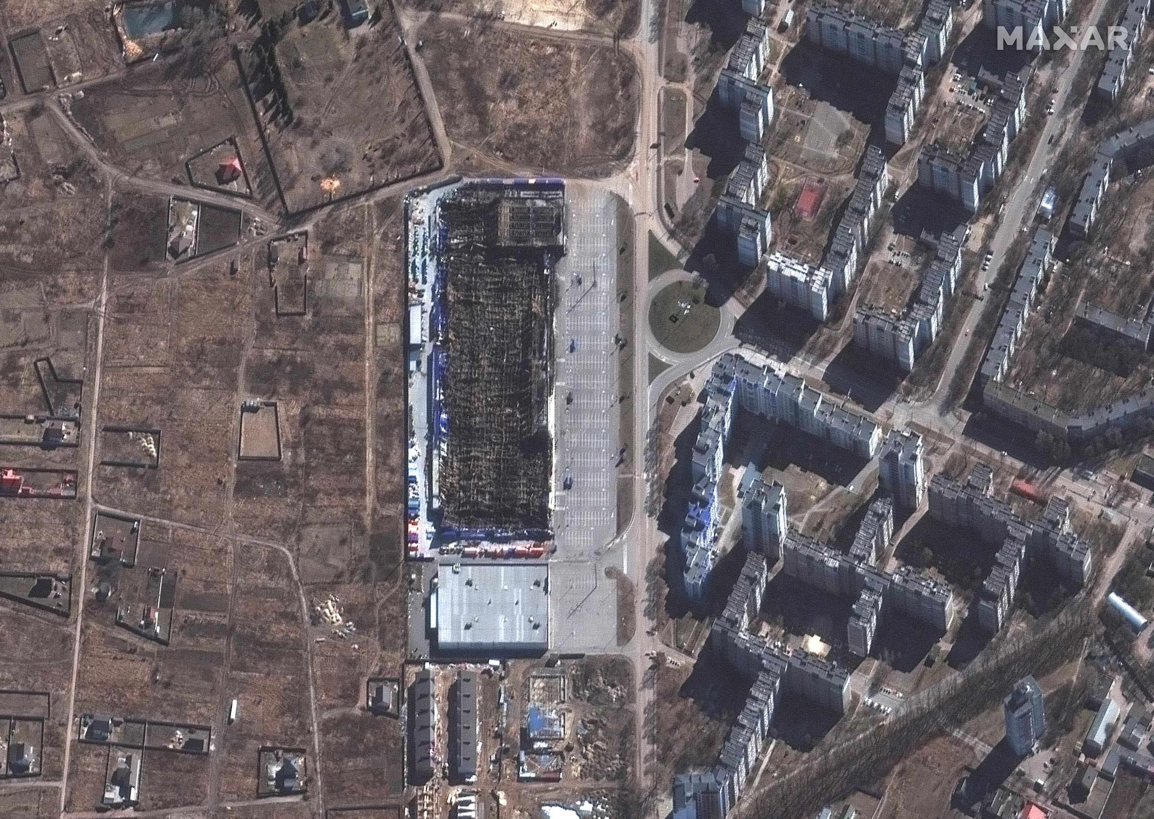 Imagen de satélite de centro comercial Epicenter K destruido, en Chernígiv (Ucrania), el 10 de marzo de 2022.