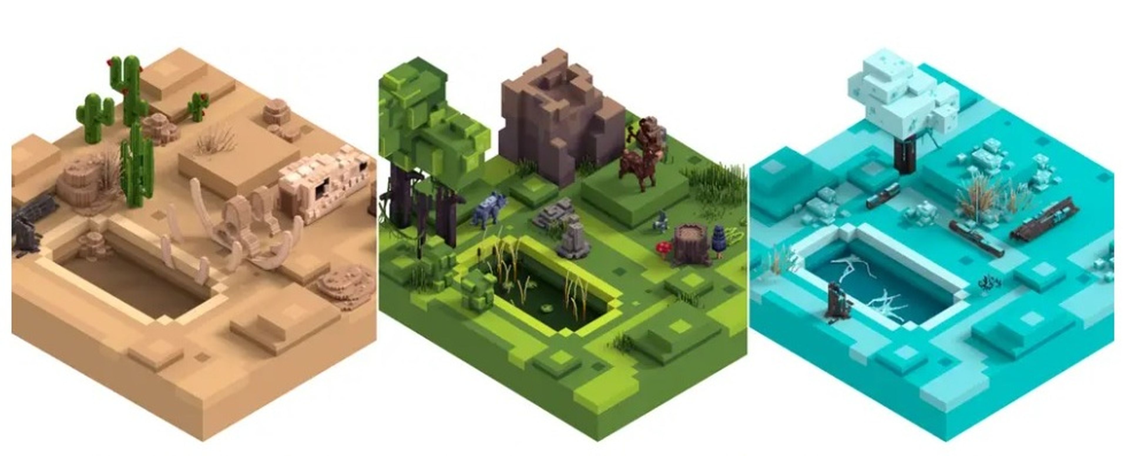 Ejemplos de los biomas de desierto, bosque y hielo de The Sandbox.