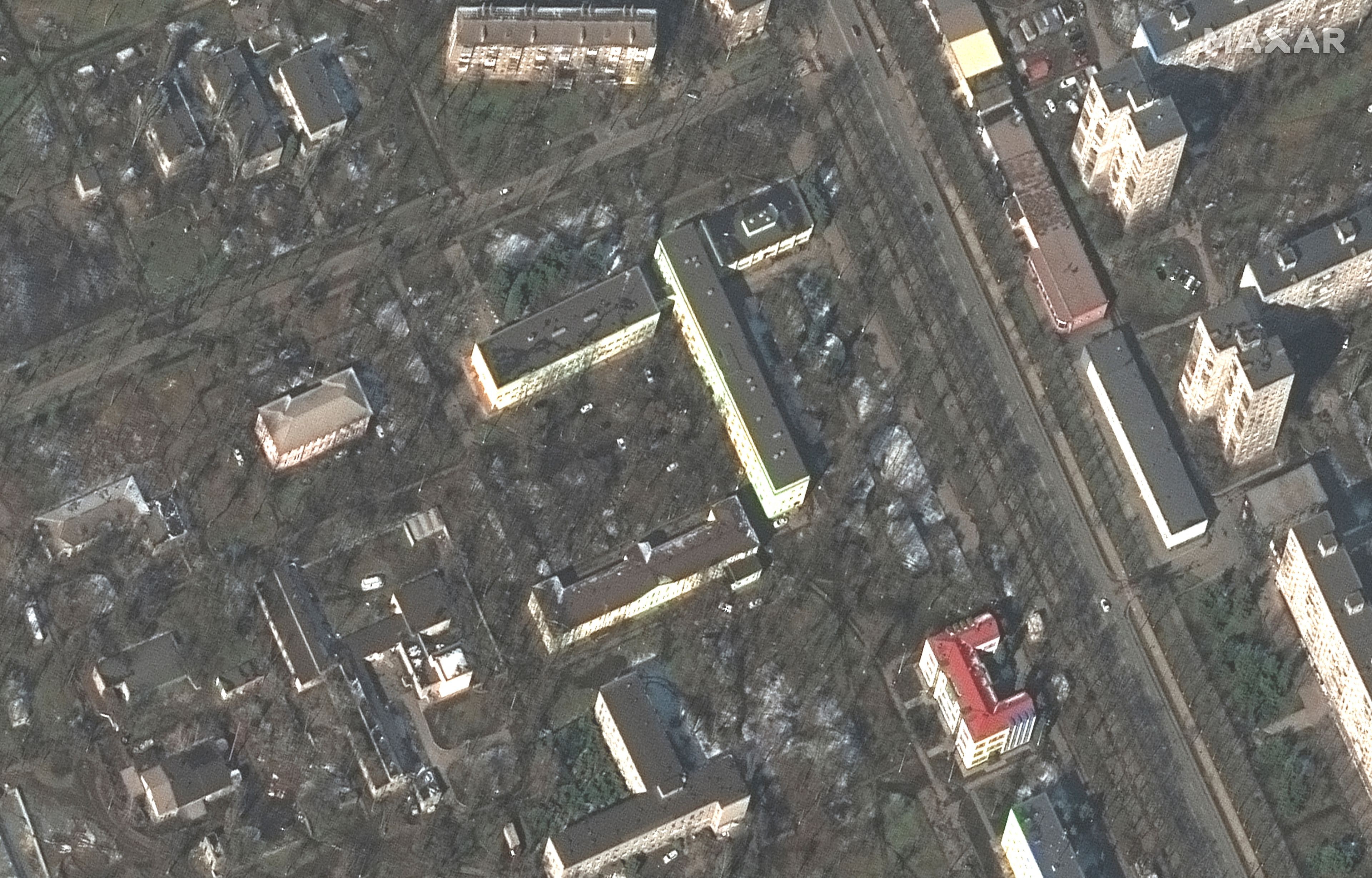 Imagen satelital de un hospital en Mariúpol, Ucrania, antes de la invasión de Rusia (9 de marzo de 2022).
