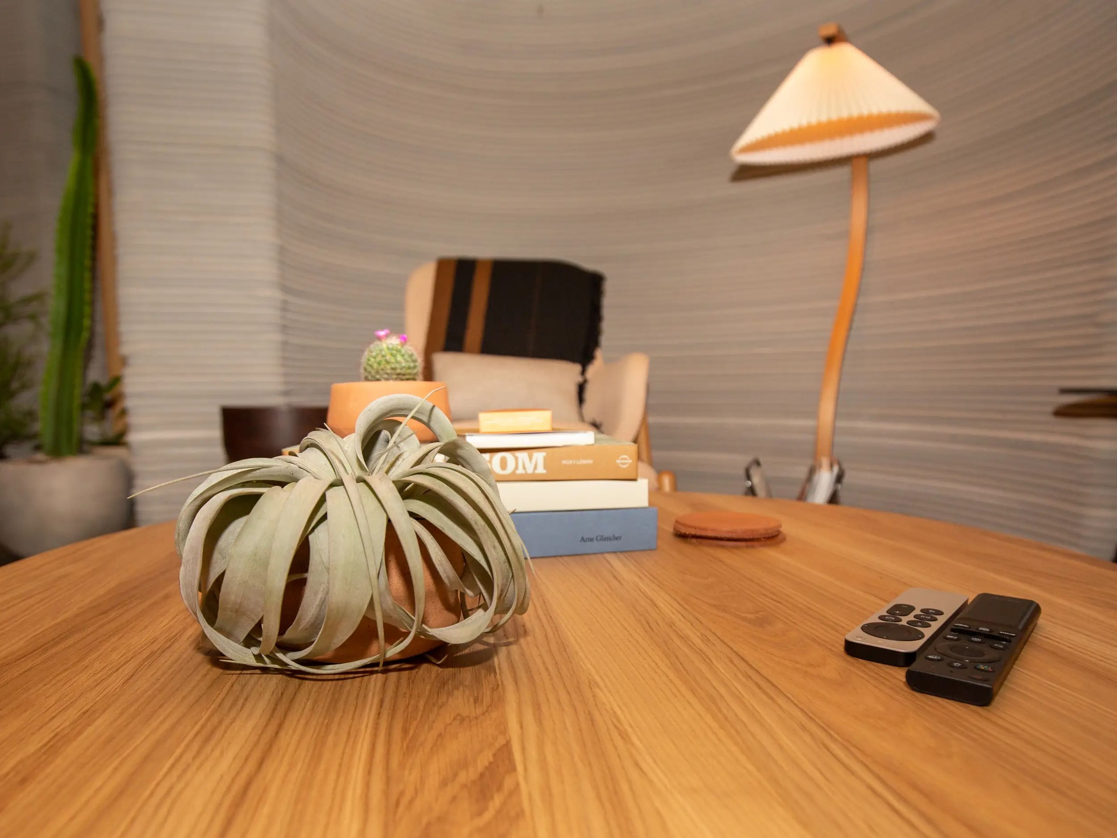 The living room inside the 3D printed home with lounge chairs, a rug, plants, and lights.