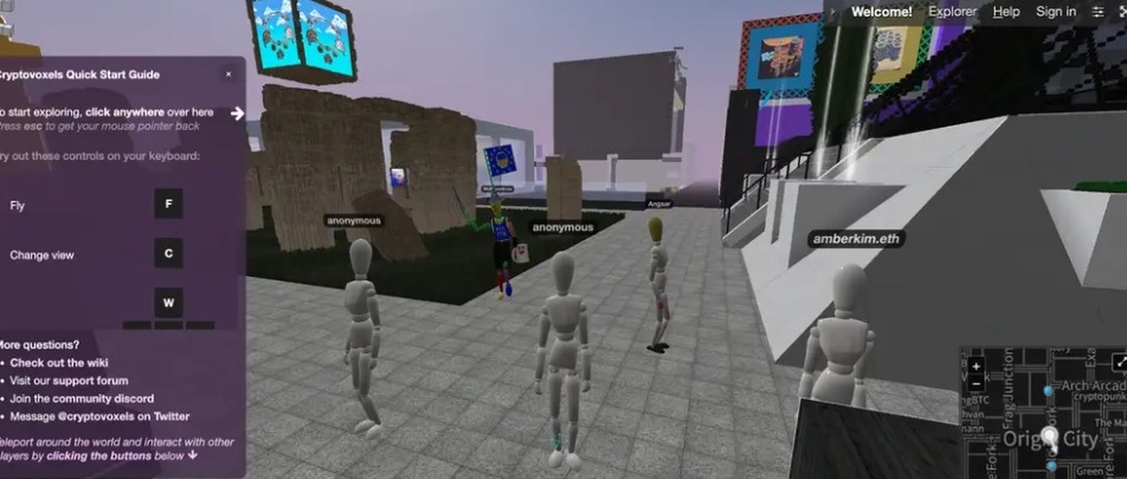 Los usuarios aparecen en la Ciudad Origen de Cryptovoxels.