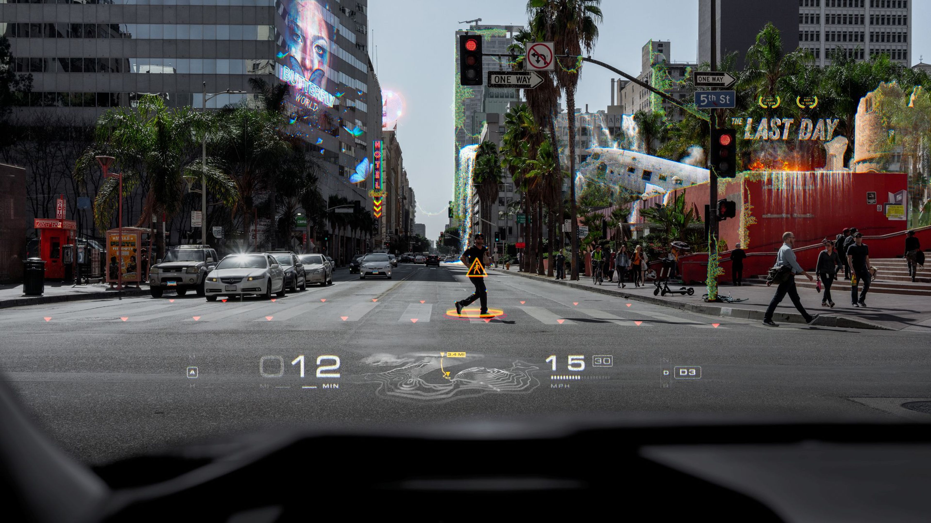 Vista de la luna frontal de un vehículo con la realidad aumentada de la tecnología de la startup WayRay