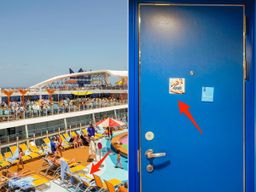 An arrow points to a magnet on a blue door (R) an arrow points to a pool chair on a cruise ship (L)