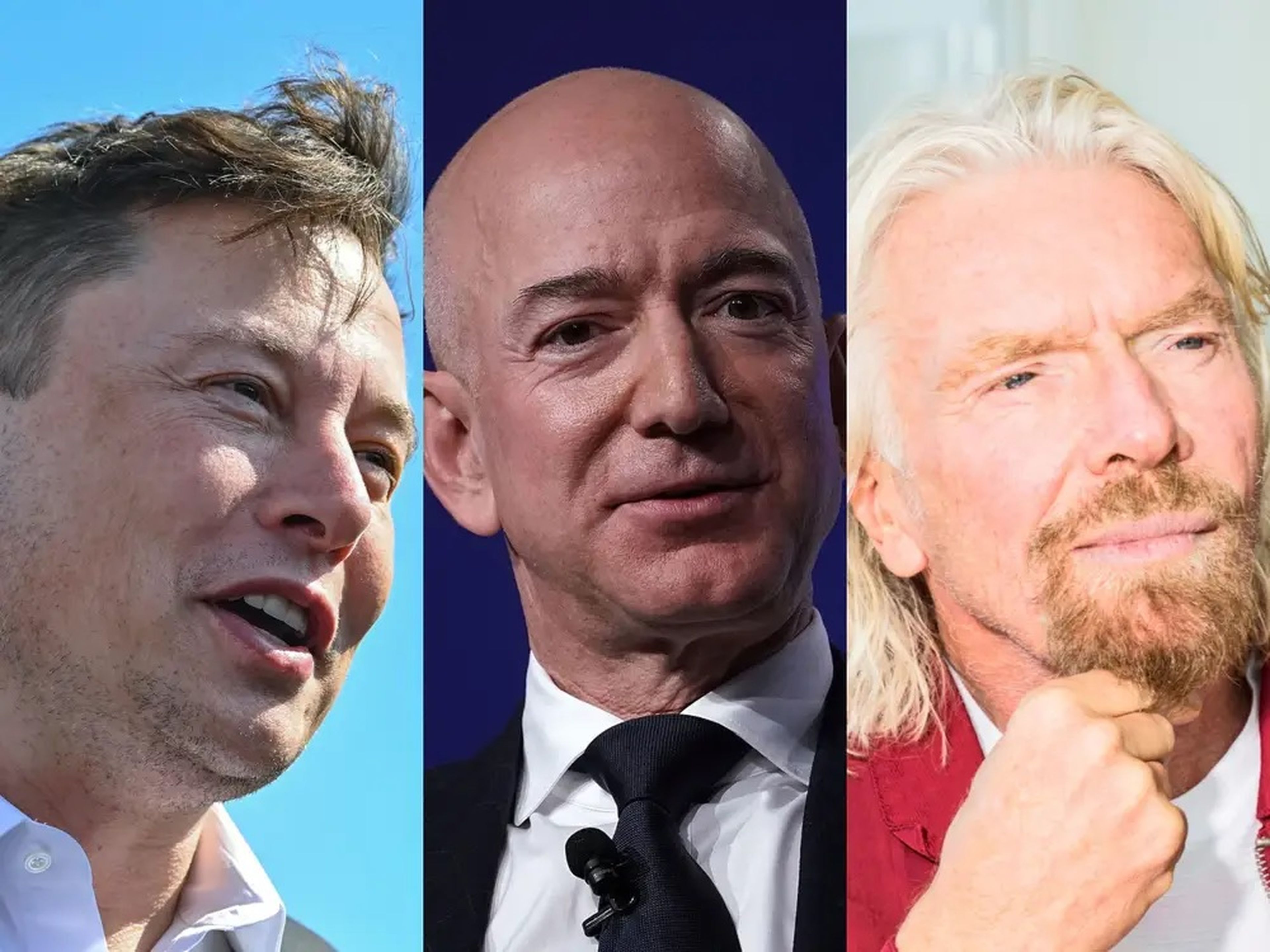 Los multimillonarios Elon Musk, Jeff Bezos y Richard Branson.