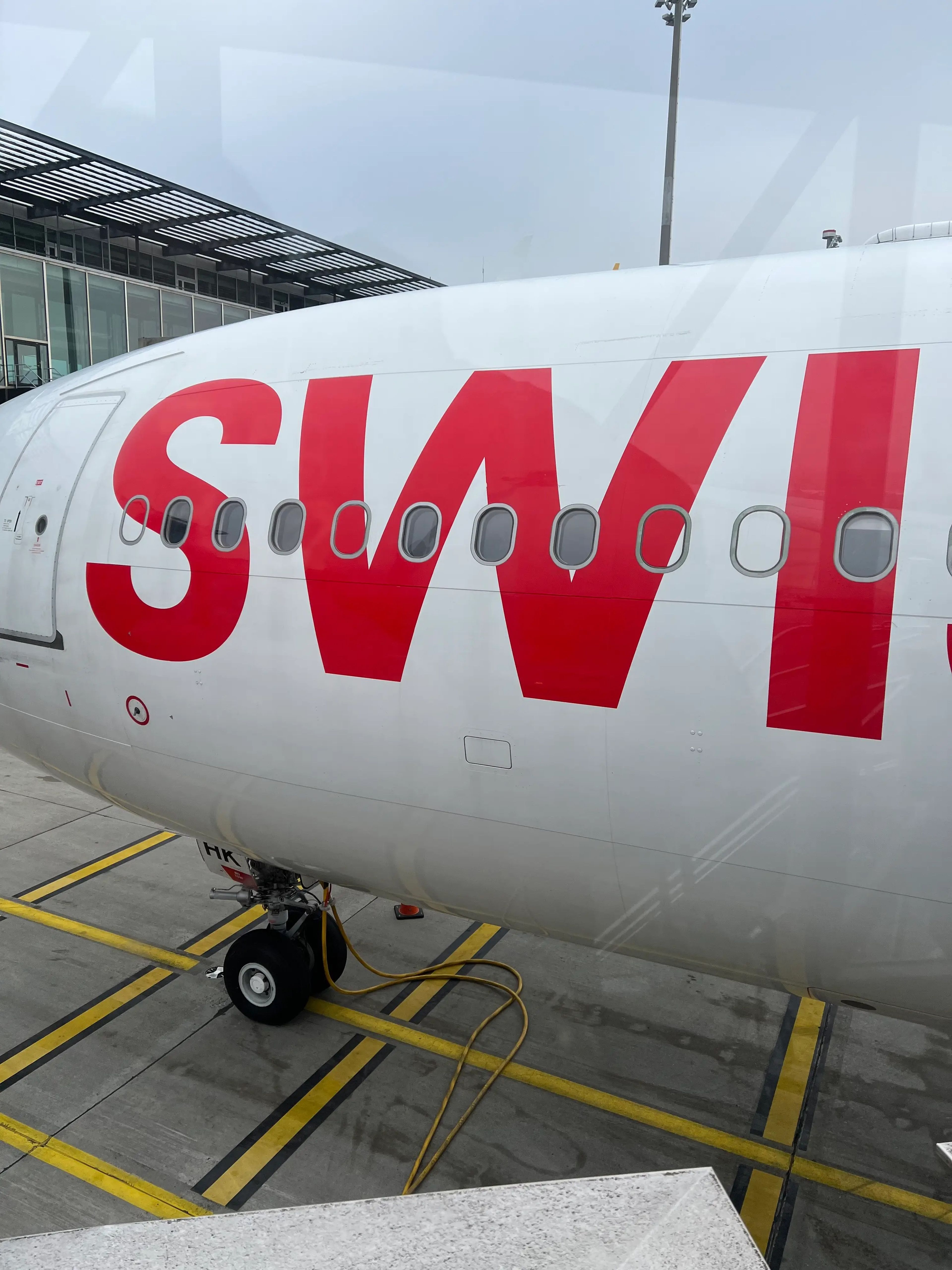 the front of a swiss air plane