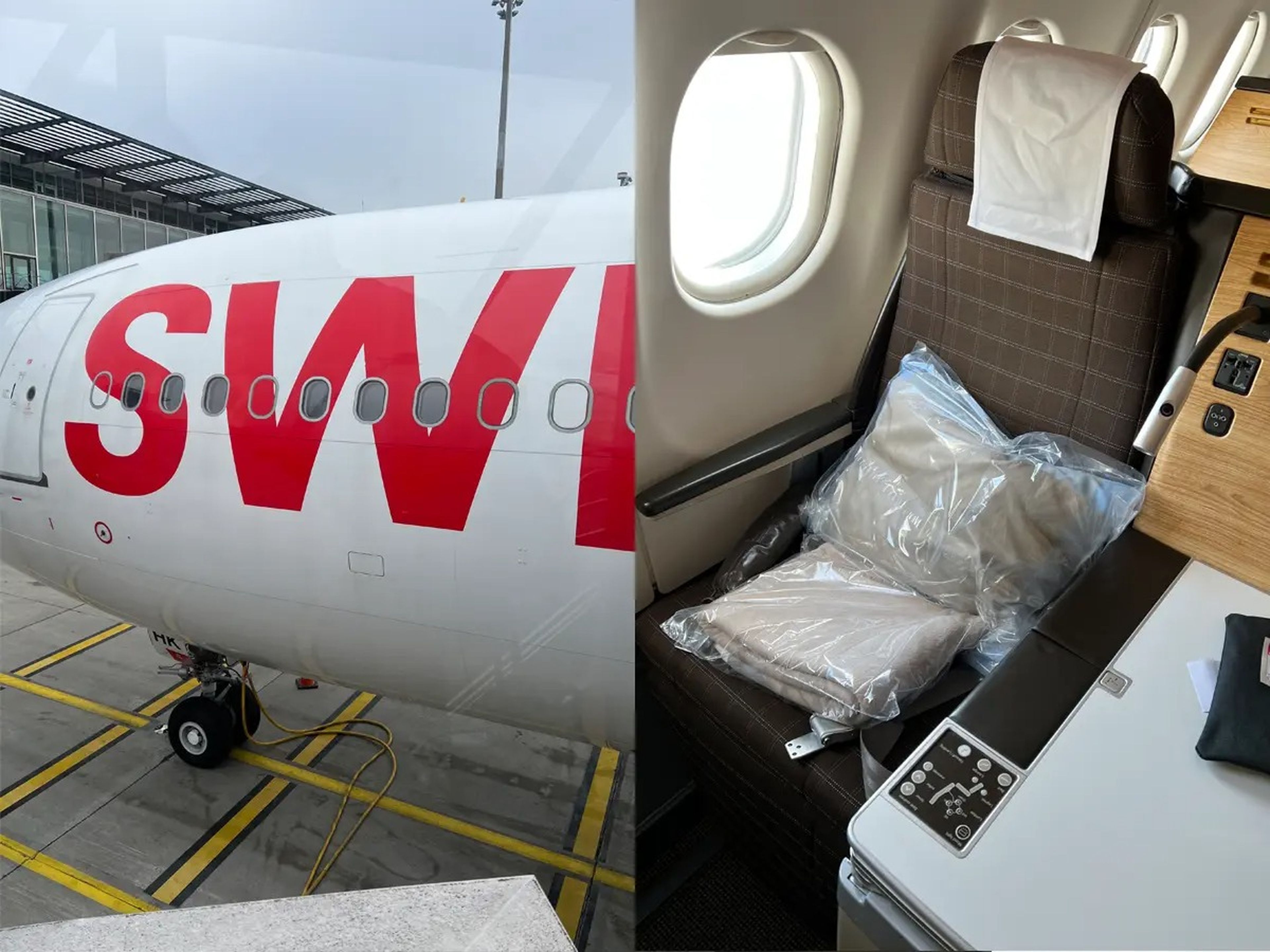 the front of a swiss airplane next to a photo of a business-class seat