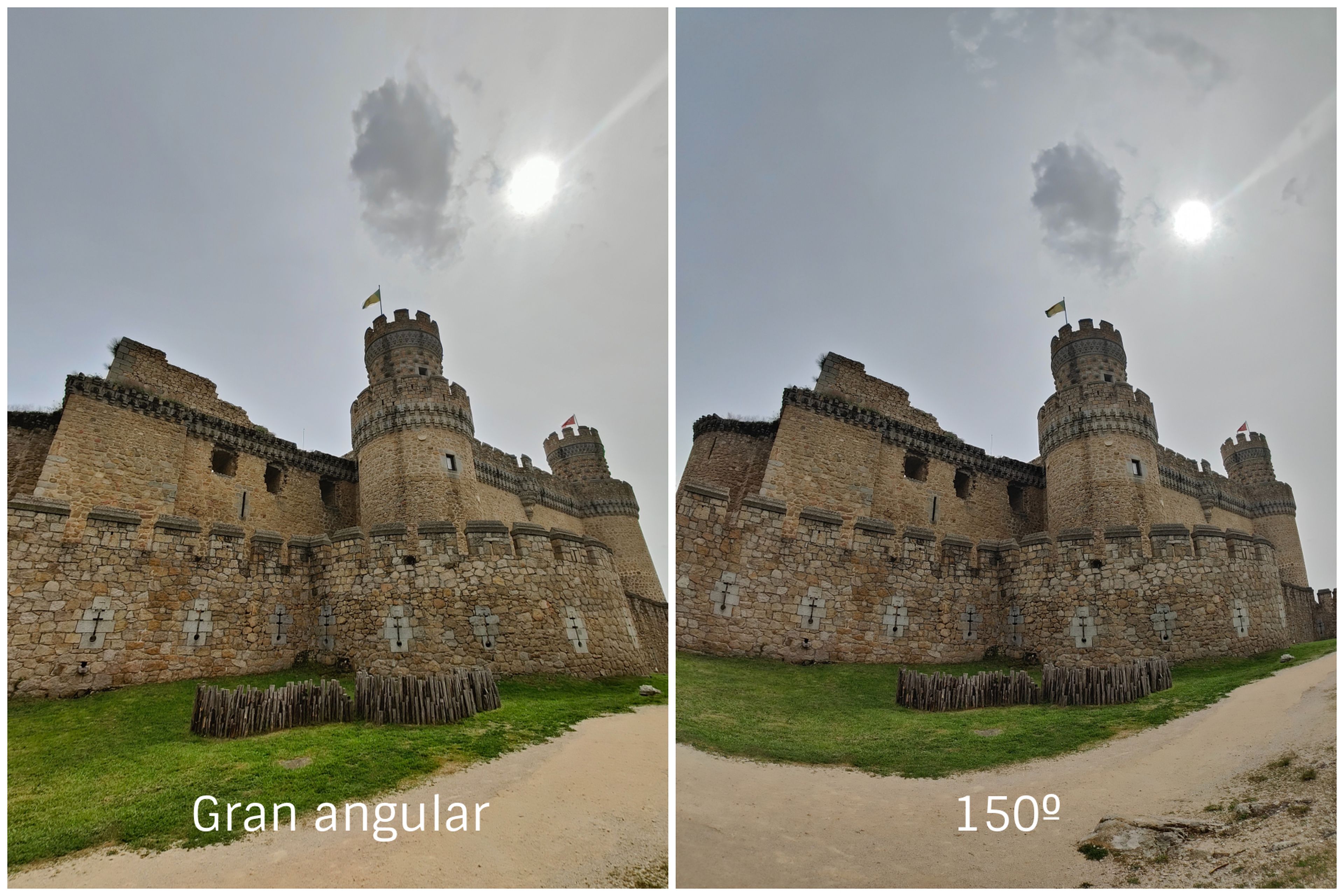 Los colores cambian ligeramente en el modo 150º (fíjate en el cielo y en el color del castillo) y se aprecia cómo el gran angular tiene una distorsión mucho menor en la líneas.