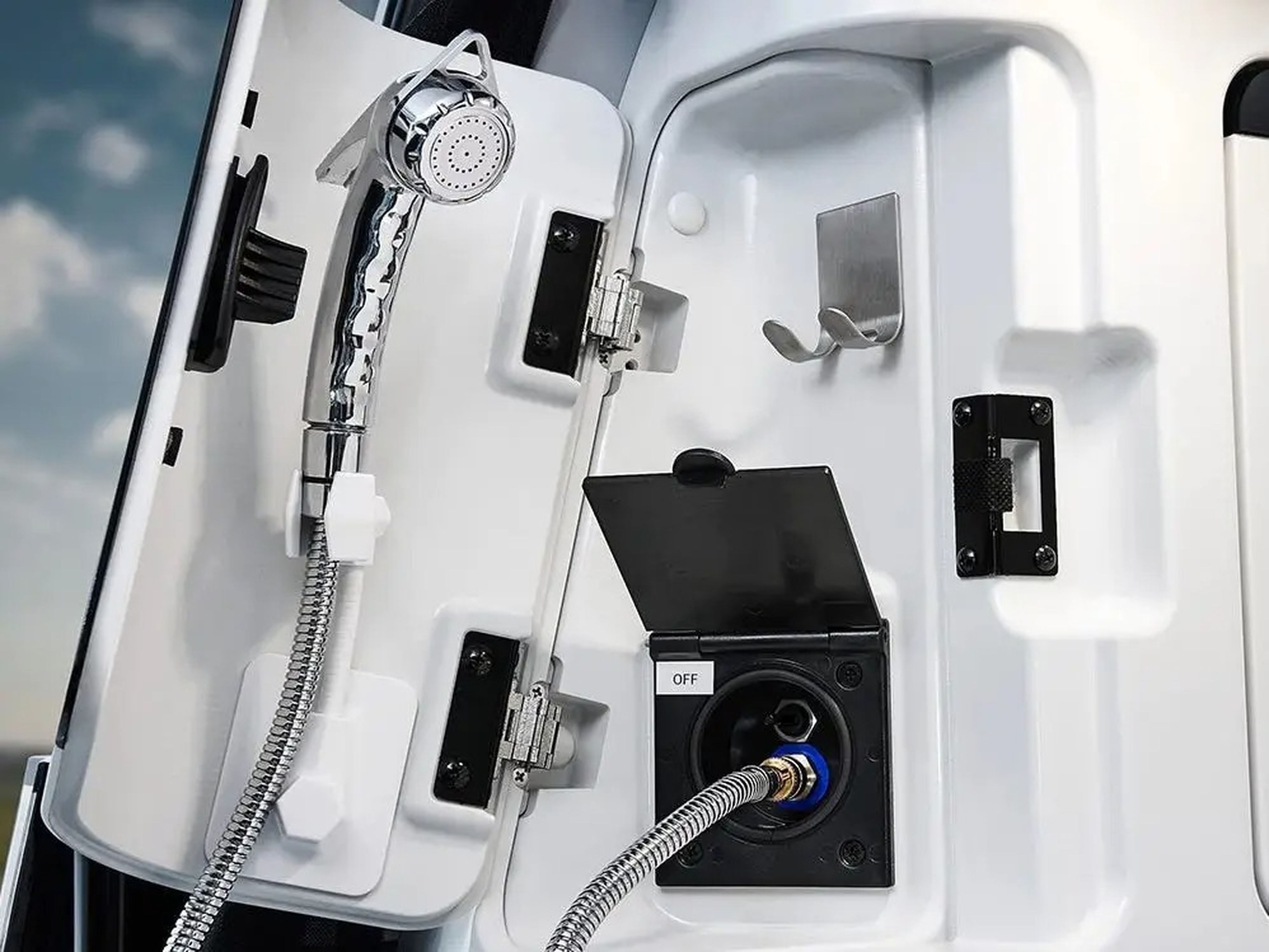The Hyundai Staria Lounge Camper's shower system with a movable shower head.