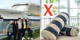 On the left, Erica and others standing in front of cruise ship. On the right, two blue-and-white beach towels
