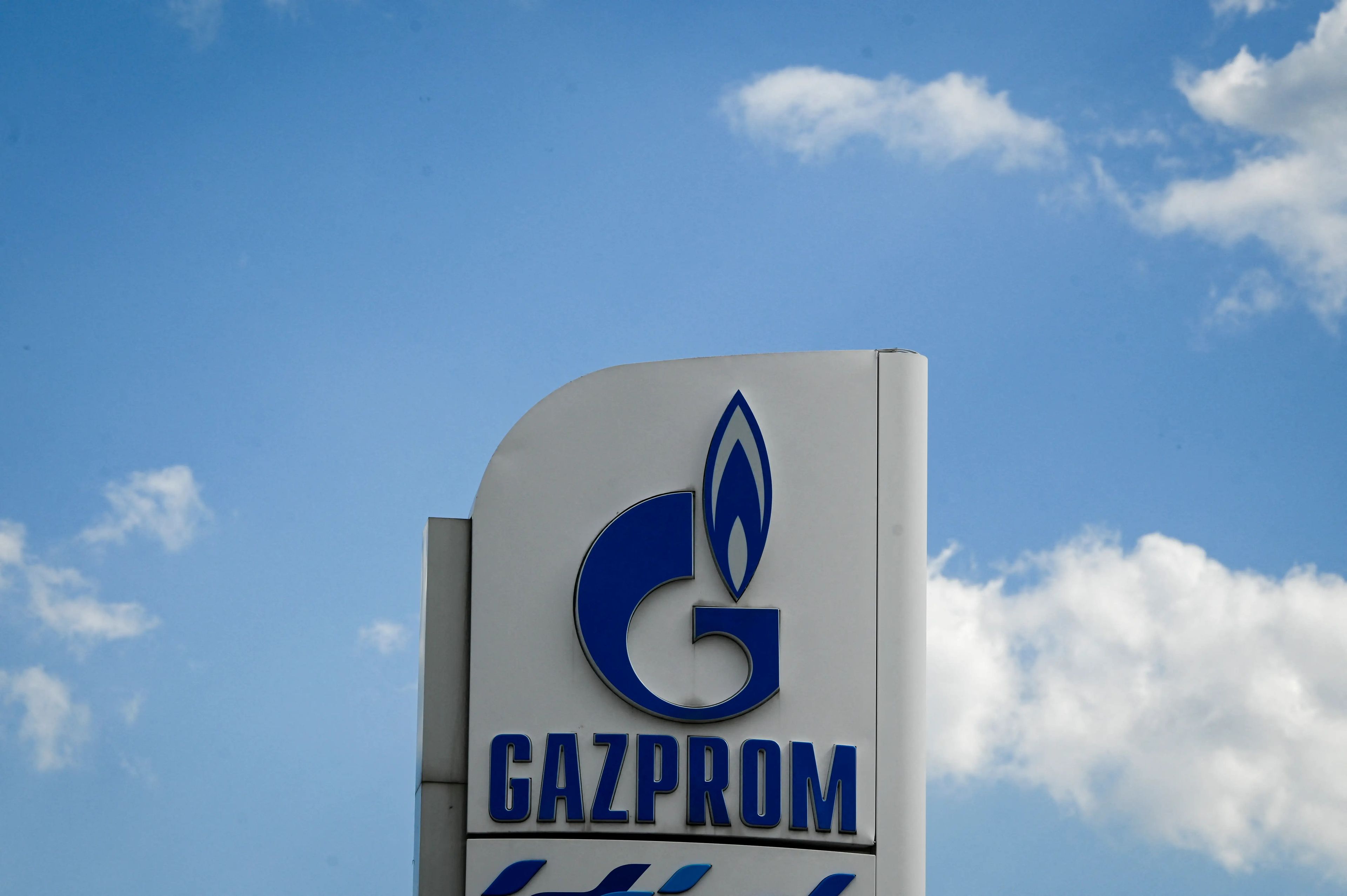 The logo of Russia's energy giant Gazprom is pictured at one of its petrol stations in Sofia on April 27, 2022.
