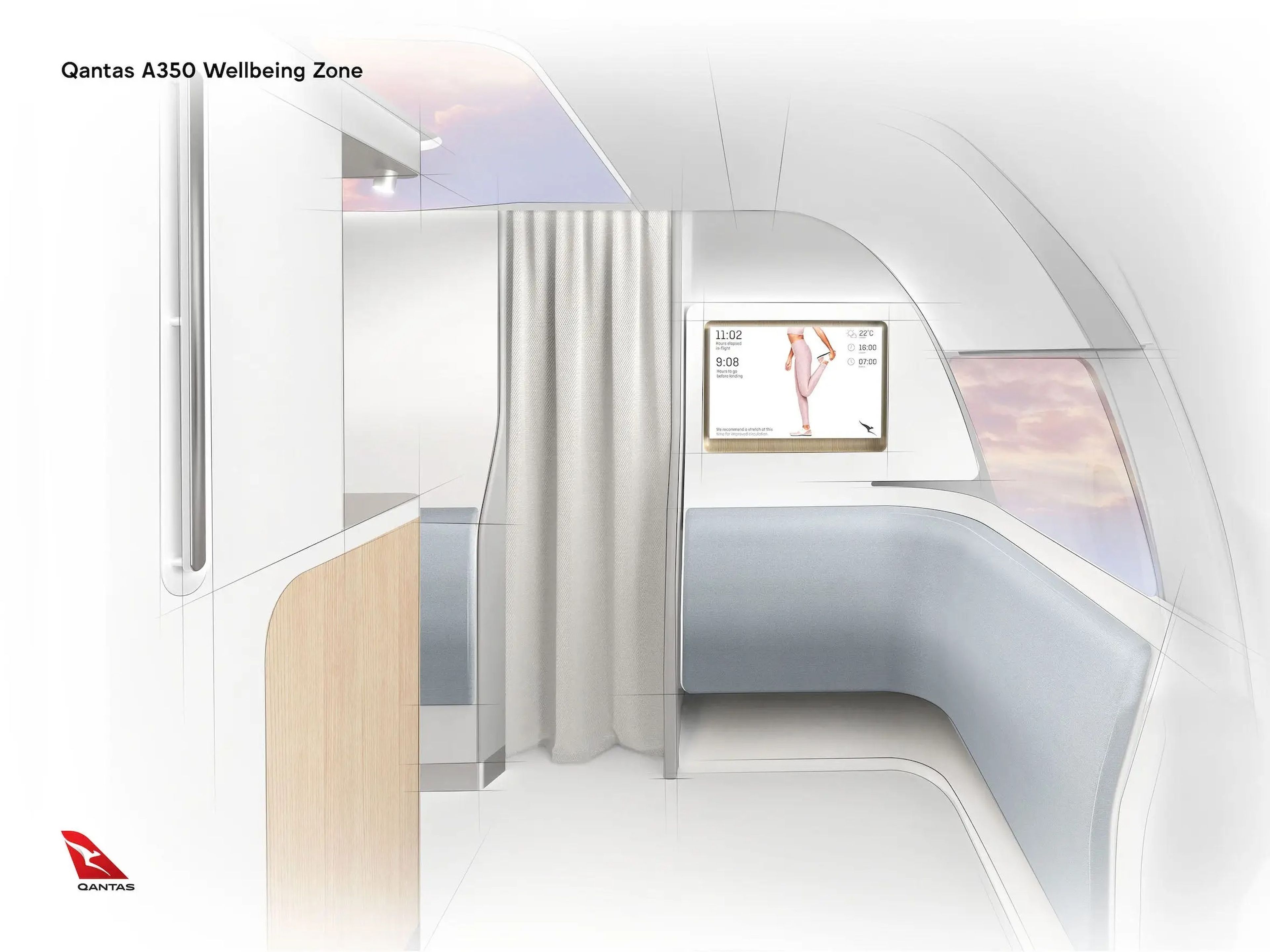The wellbeing zone in the Qantas A350 with windows, a screen displaying someone stretching and some stats..
