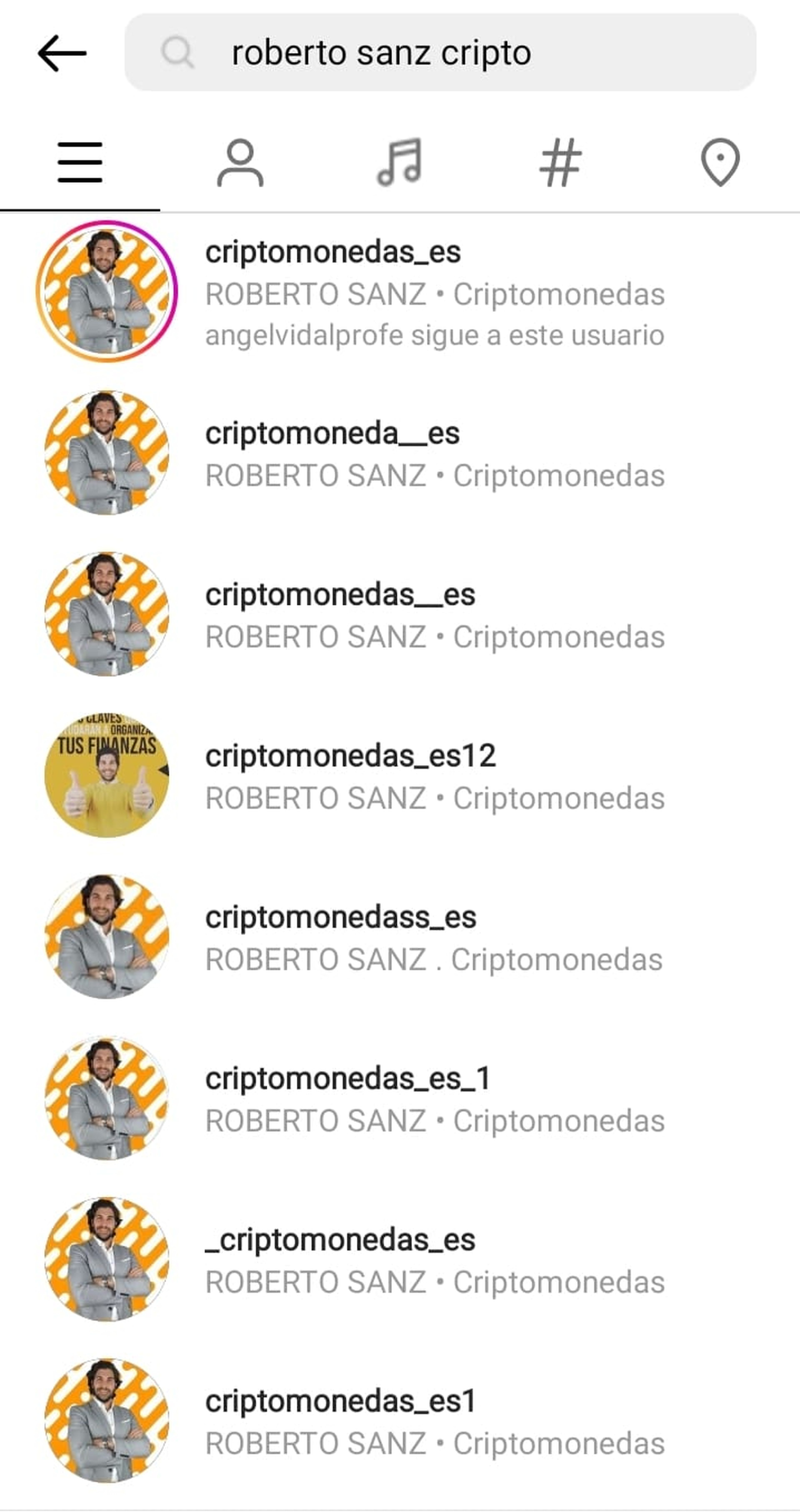 Los perfiles falsos de Roberto Sanz innundan Instagram y los nombres de los usuarios son prácticamente indistinguibles.