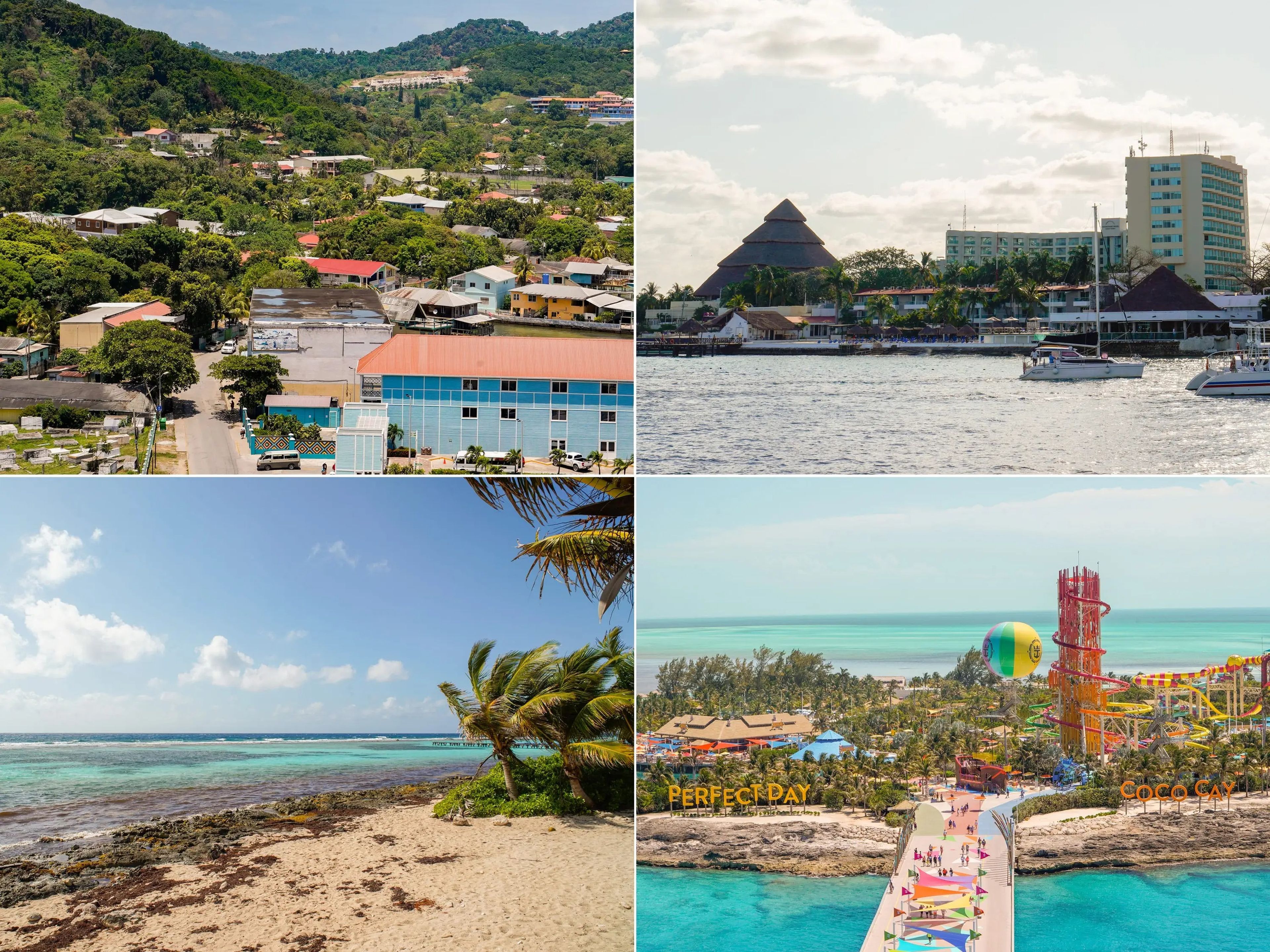 Paradas en el puerto, de arriba a abajo: Roatán, Honduras; Cozumel, México; Costa Maya, México; y la isla privada de Royal Caribbean en las Bahamas, CocoCay.