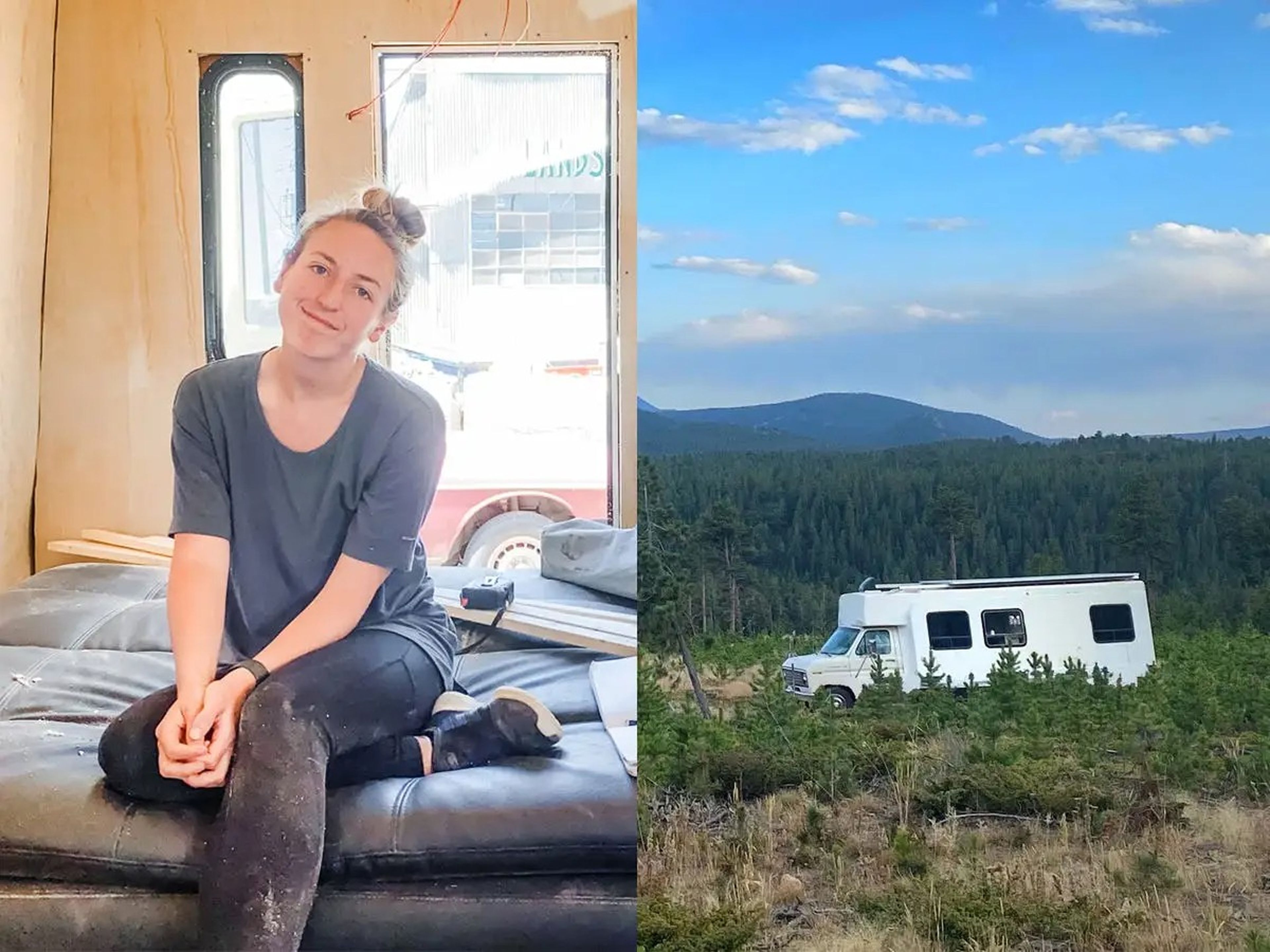 On the left, Brittany Burrows sitting in her under-construction tiny home. On the right, the shuttle bus outside in nature