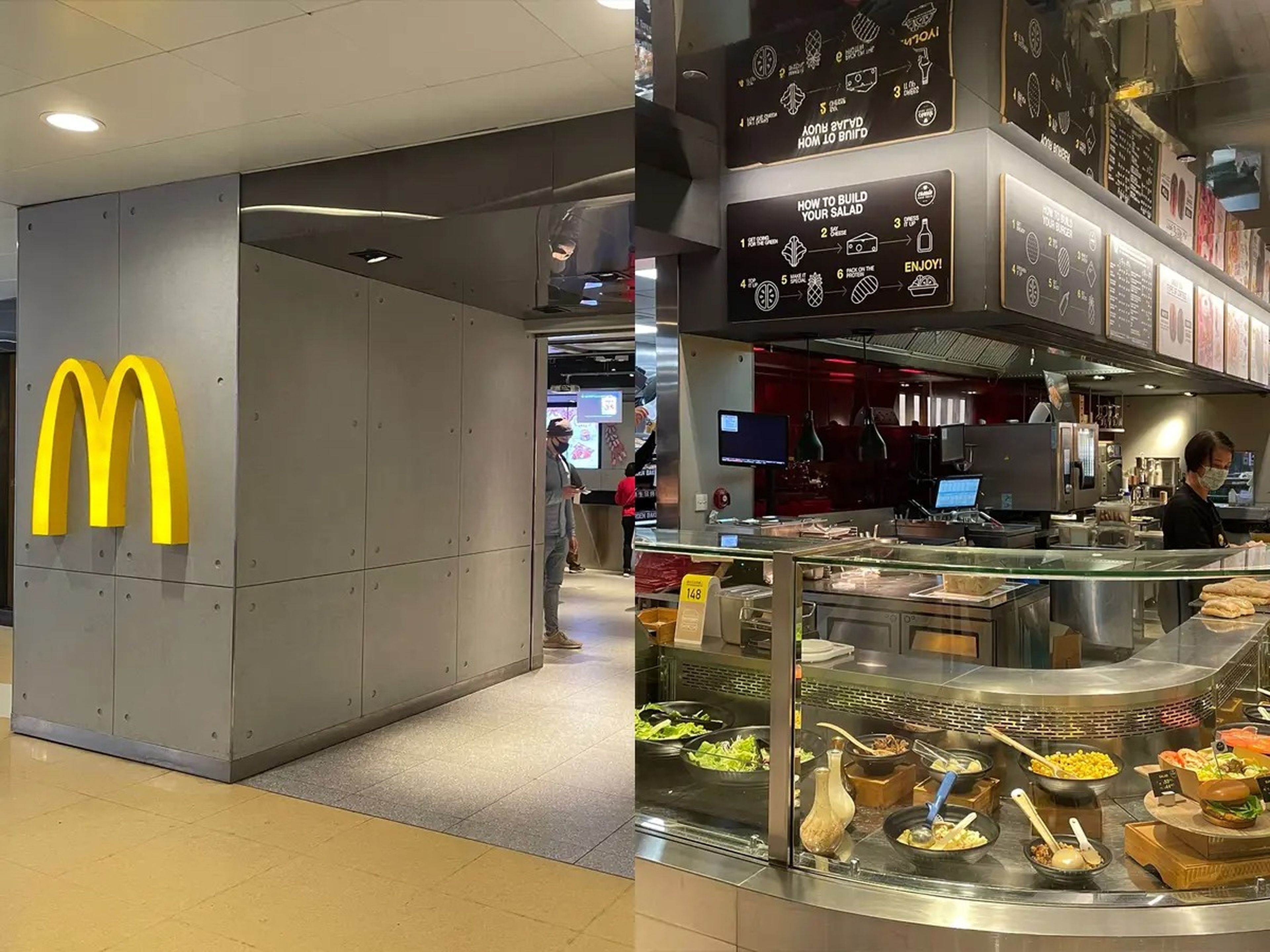 The McDonald's Next exterior, which is a gray building inside of a mall with the McDonald's logo; Build-your-own-salad bar inside a warehouse-style McDonald's with a menu overhead