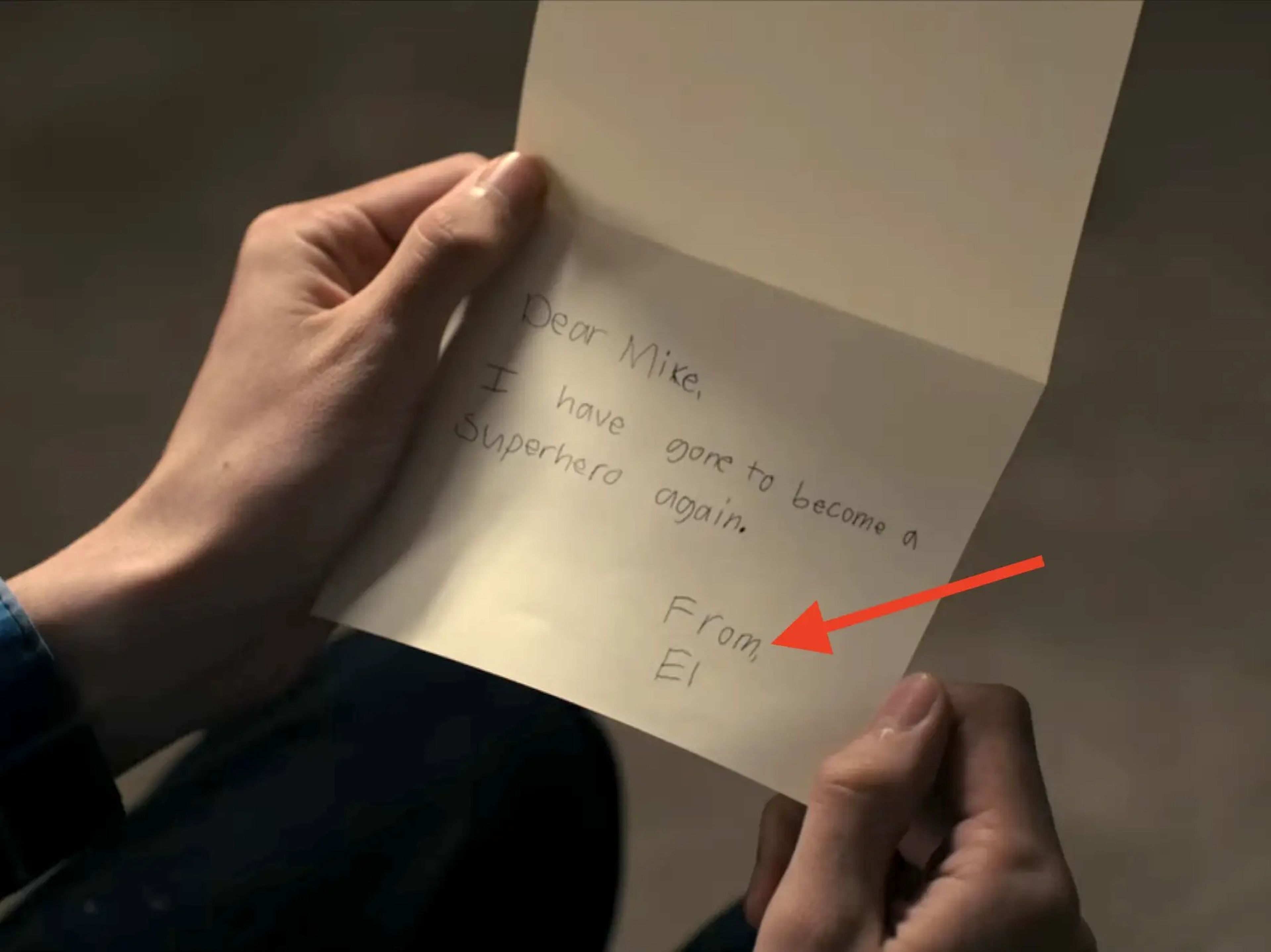 A scene from Netflix's sci-fi series "Stranger Things," showing a letter signed "From, El."