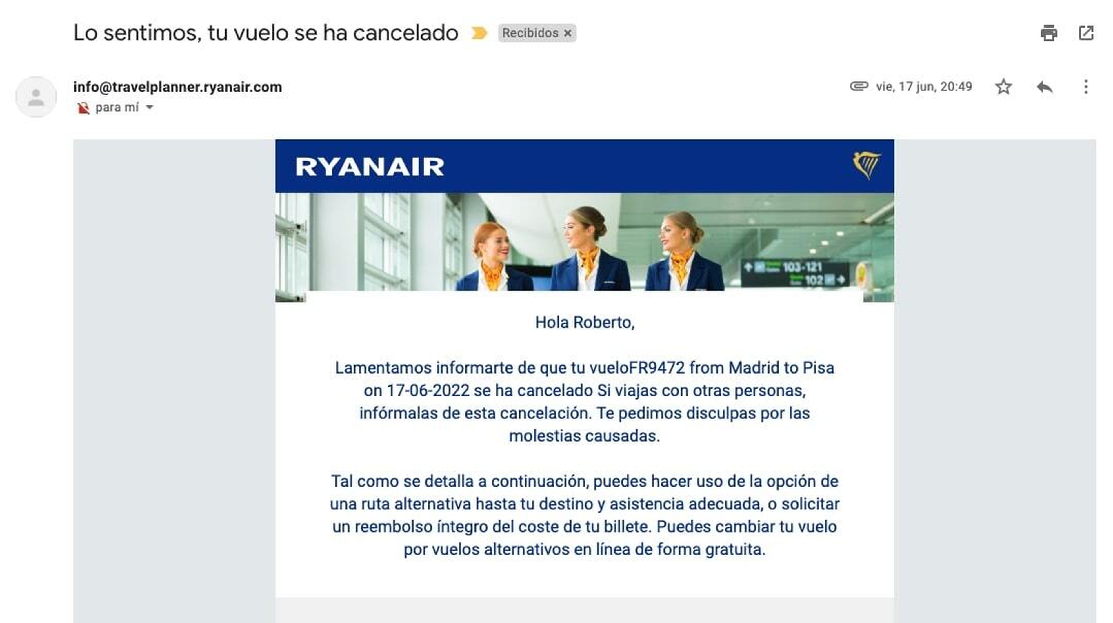 Cancelación vuelo Ryanair
