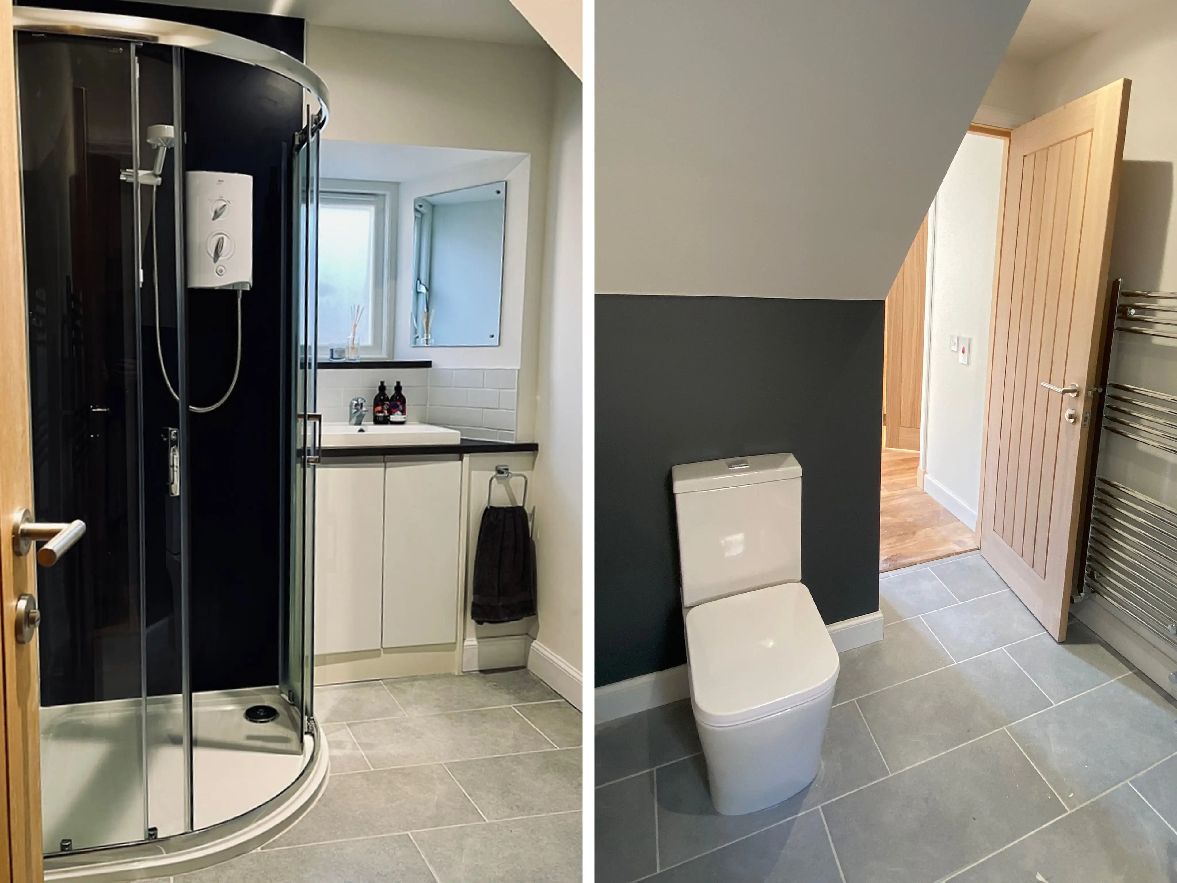 A collage of two photos of the completed bathroom.