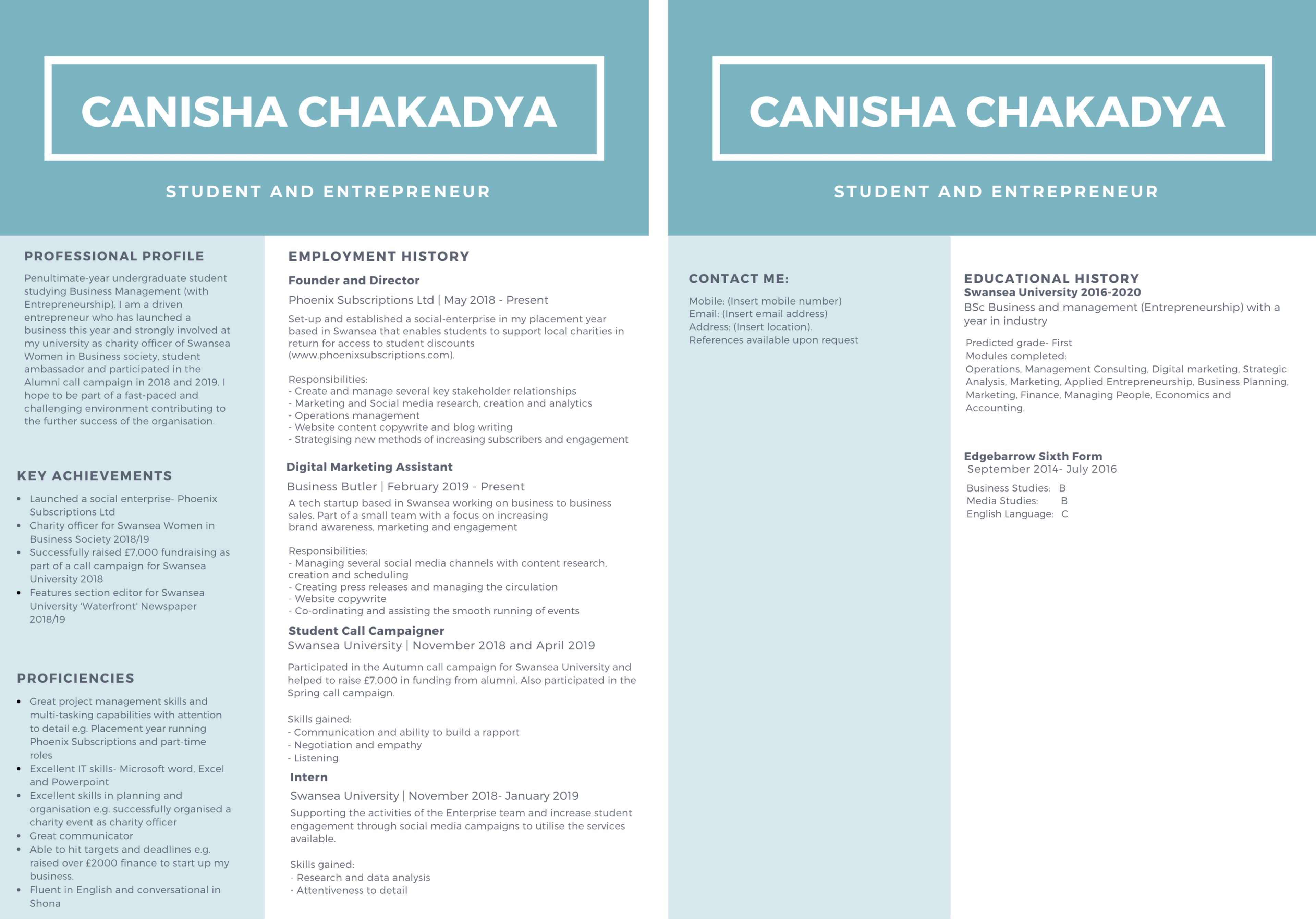 El currículum de Canisha Chakadya que llamó la atención de un reclutador de Google. / Cortesía de anisha Chakadya