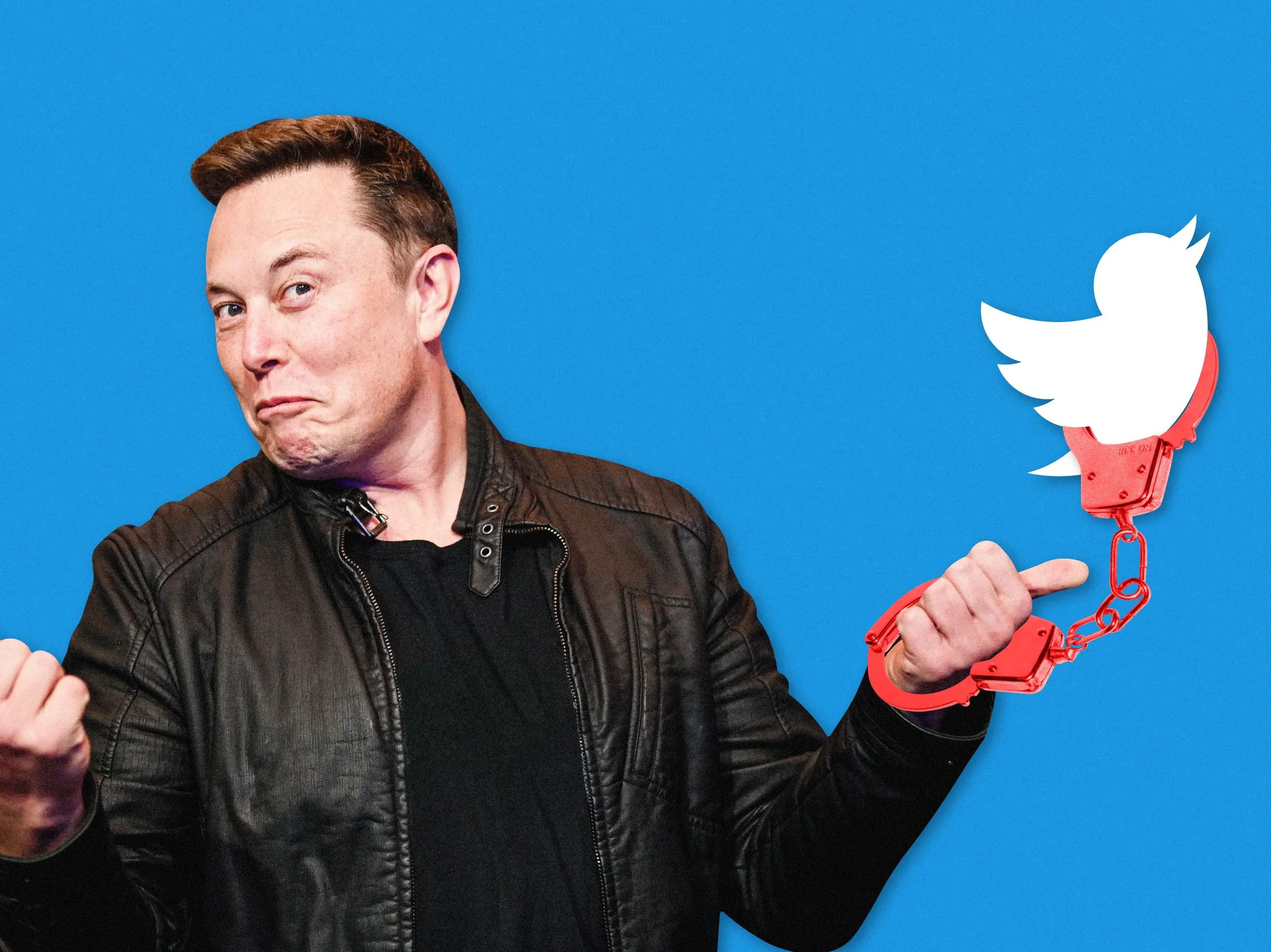 Elon Musk esposado al logo de Twitter.