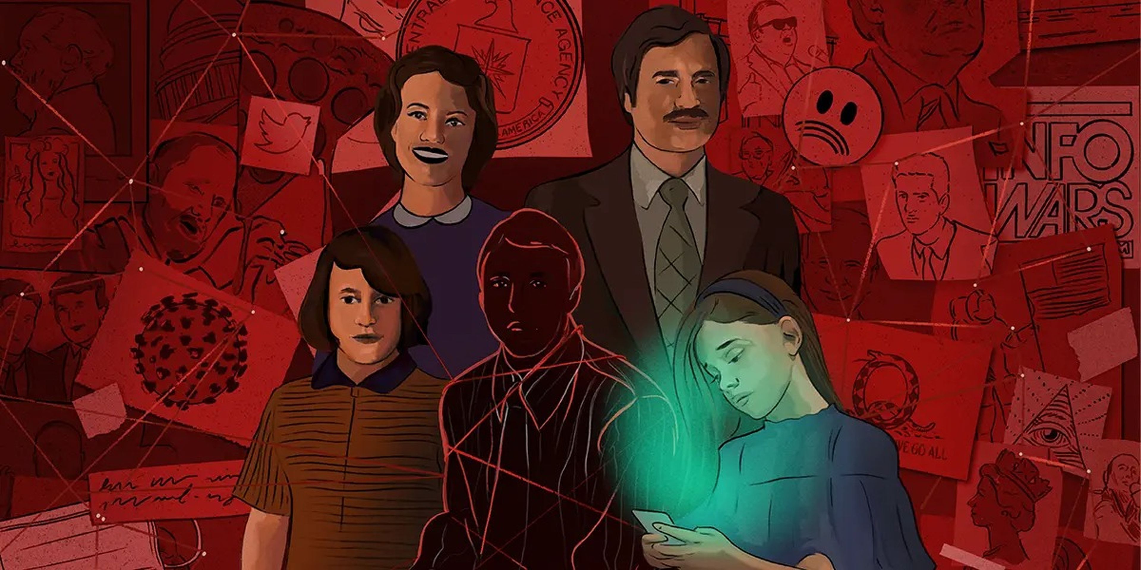 Ilustración de una familia de pie frente a un tablero de conspiración, con una niña mirando el teléfono en primer plano.