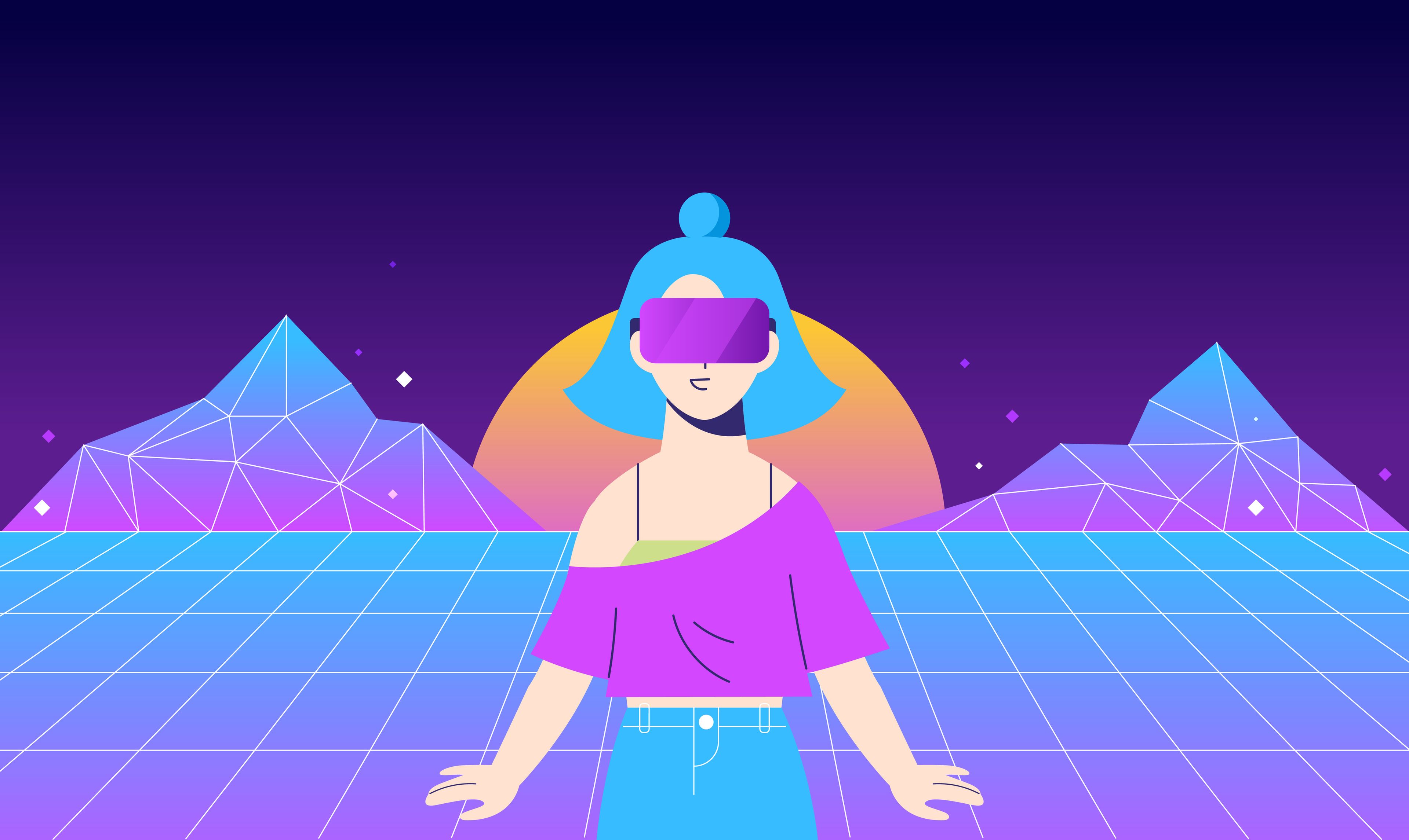 Ilustración de una chica con gafas de realidad virtual en el metaverso