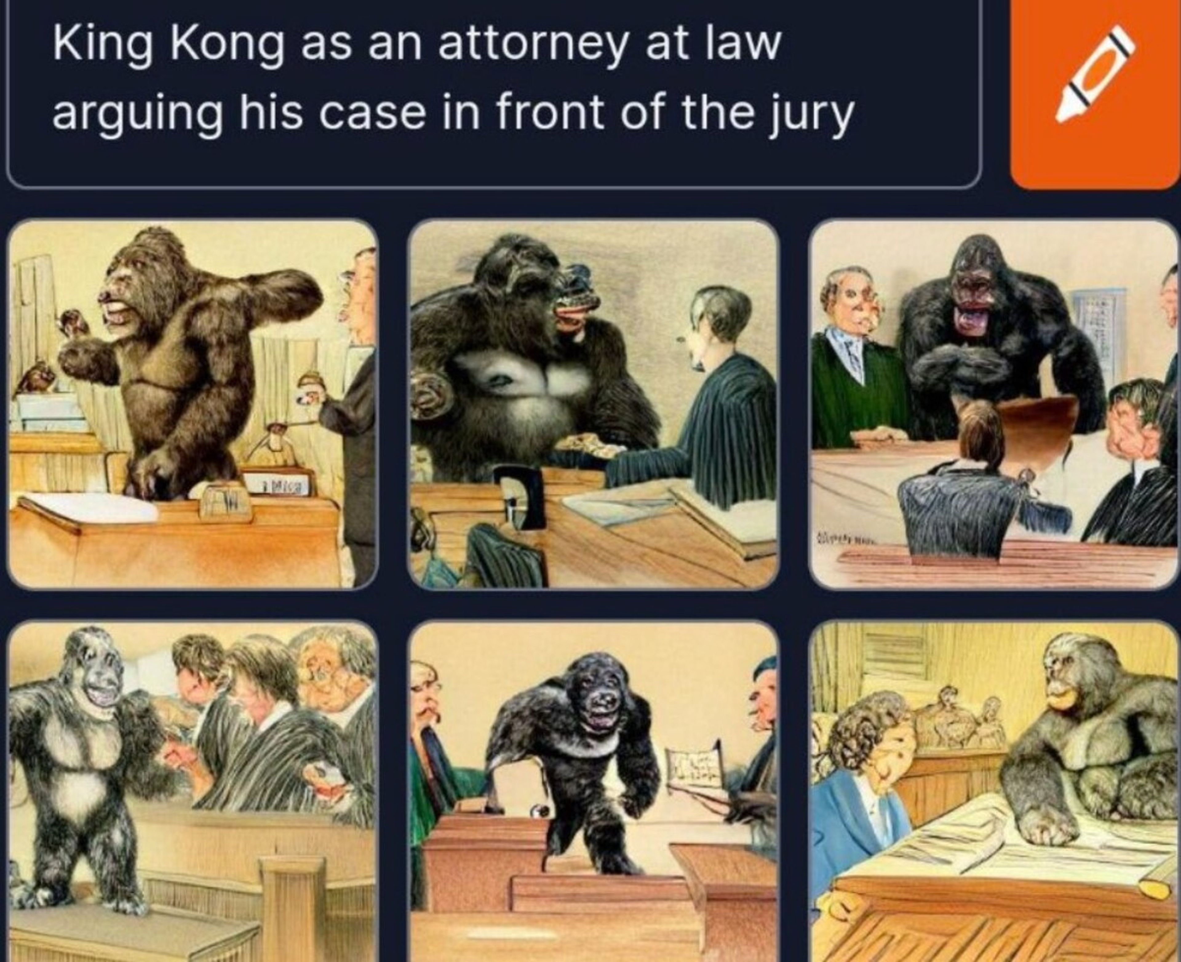Imagen generada por Craiyon en la que Kink Kong hace de abogado ante un jurado.